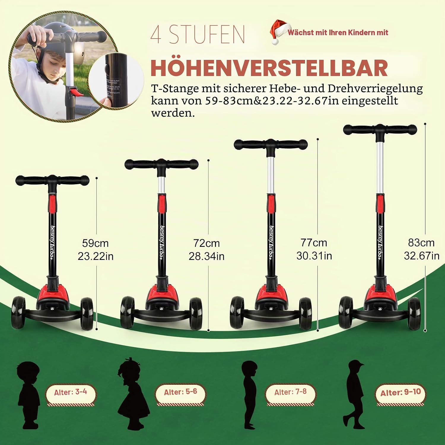 Detalle de besrey Kinder-Scooter Big Wheels – Faltbarer Tretroller mit LED-Lichtern, 4-stufig höhenverstellbar