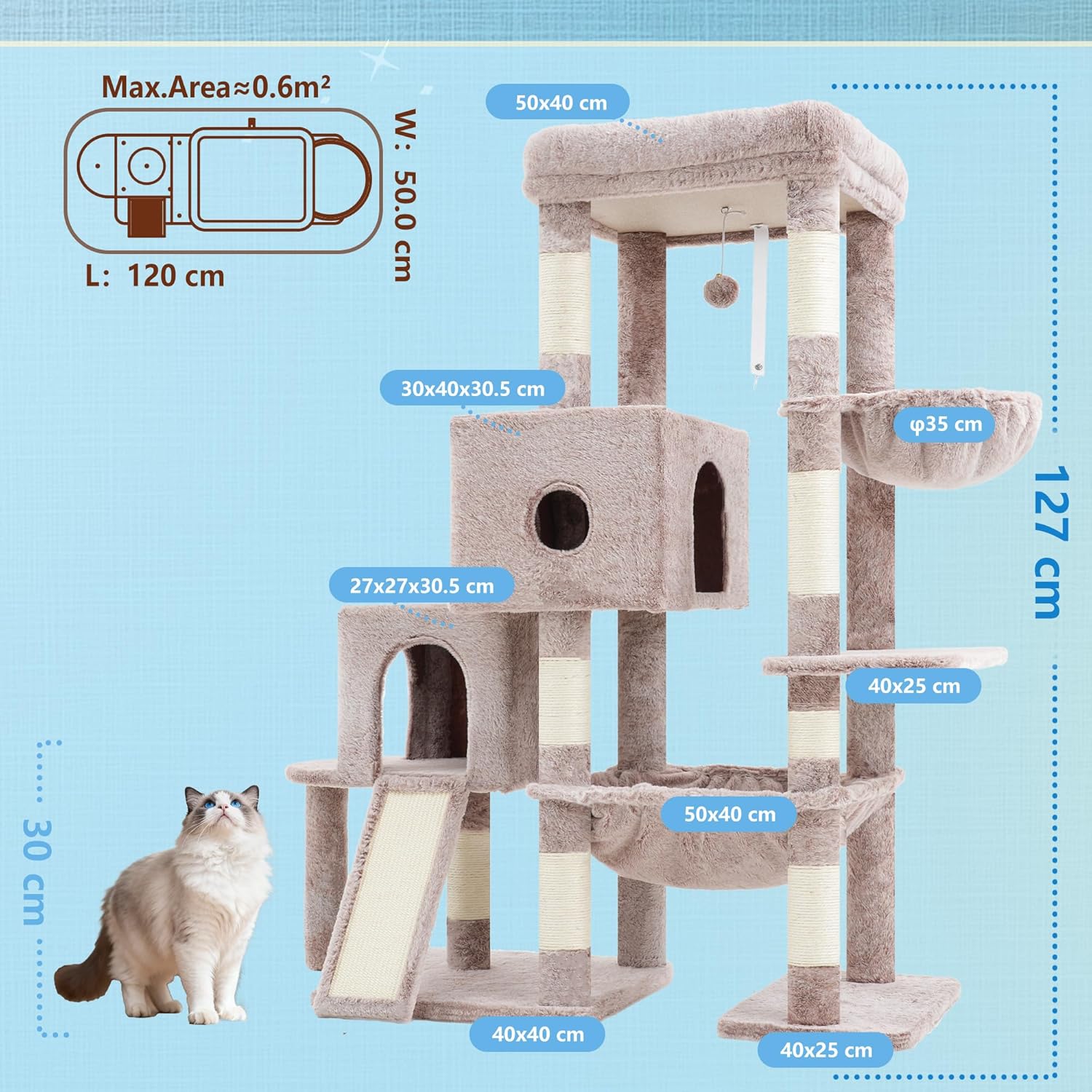 Detalle 2 de Hey-brother Arbre à Chat avec grande plateforme, hamac et 2 niches (beige-marron) MPJ071MU