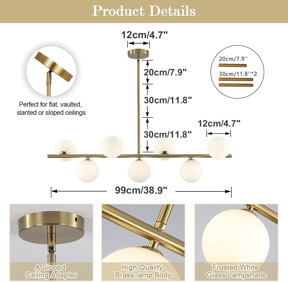Detalle 2 de BOKT BP1078 7-Light Linear Chandelier with White Glass Globes, Brushed Gold