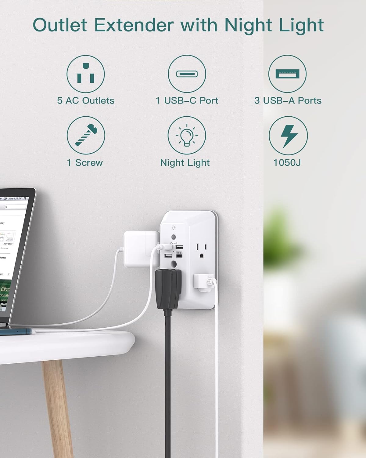 Detalle 2 de Addtam Surge Protector 9-in-1 with Night Light 5-Outlet USB
