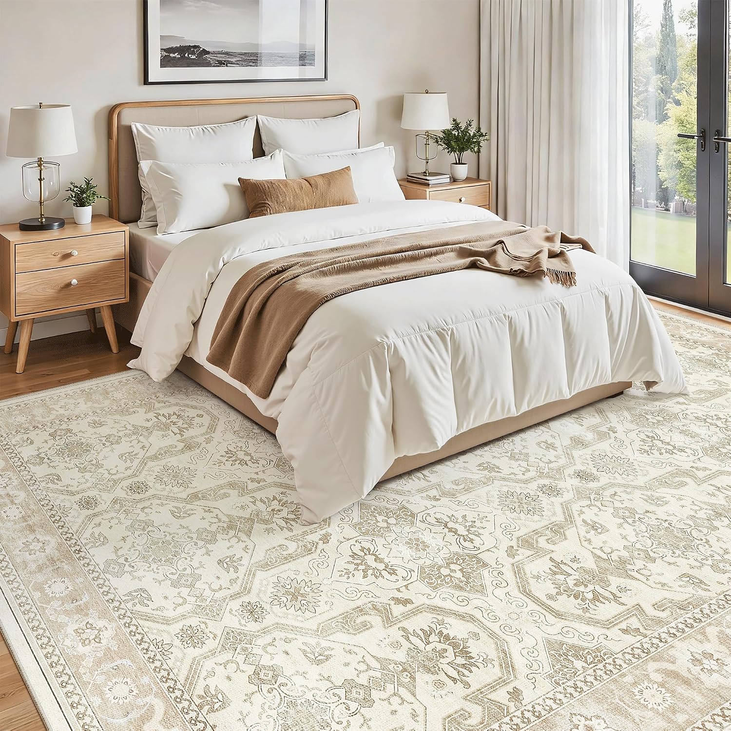 Thumbnail 3 de Soalmost 9' x 12' Area Rug, Washable Beige/Brown Vintage Geometric