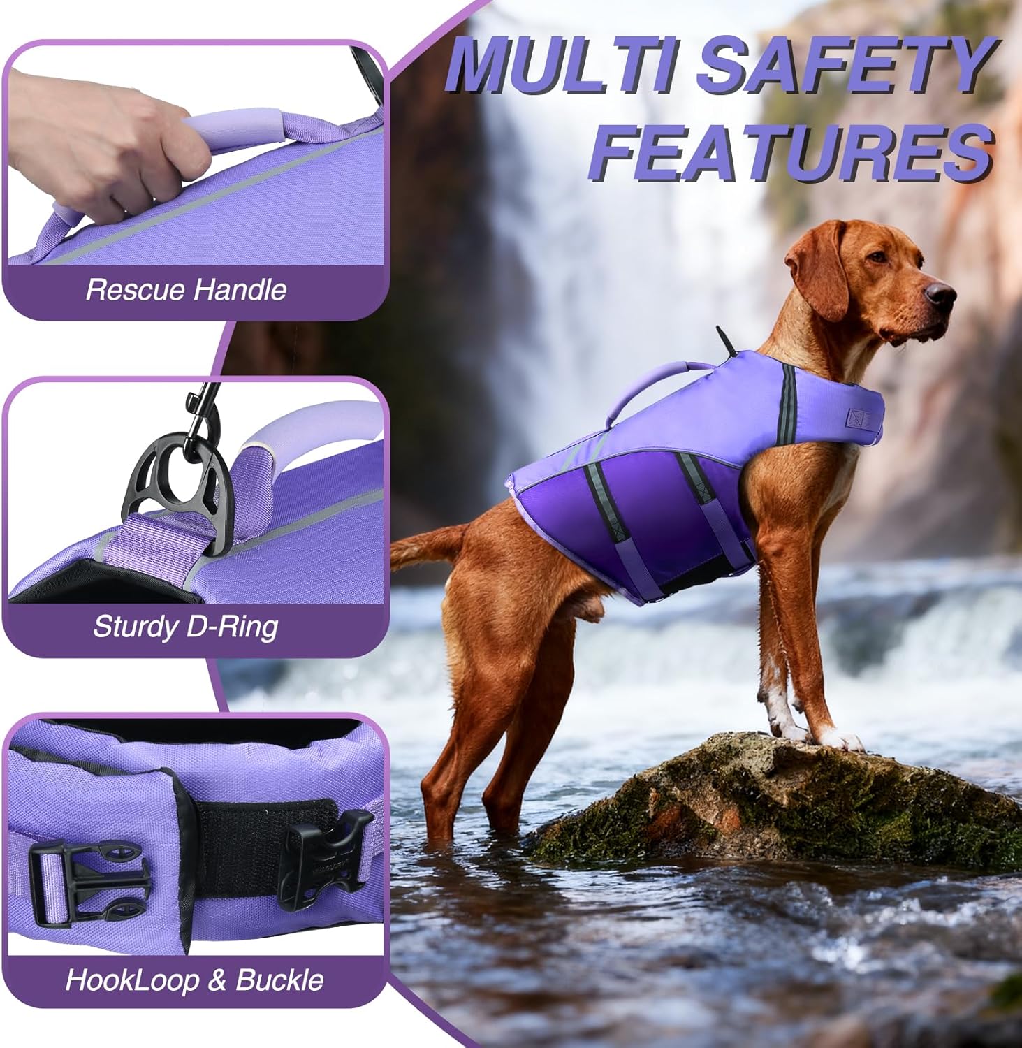 Detalle de VIVAGLORY Sports Style Dog Life Jacket — Robust Buoyancy Vest with Handle and Reflective Trim