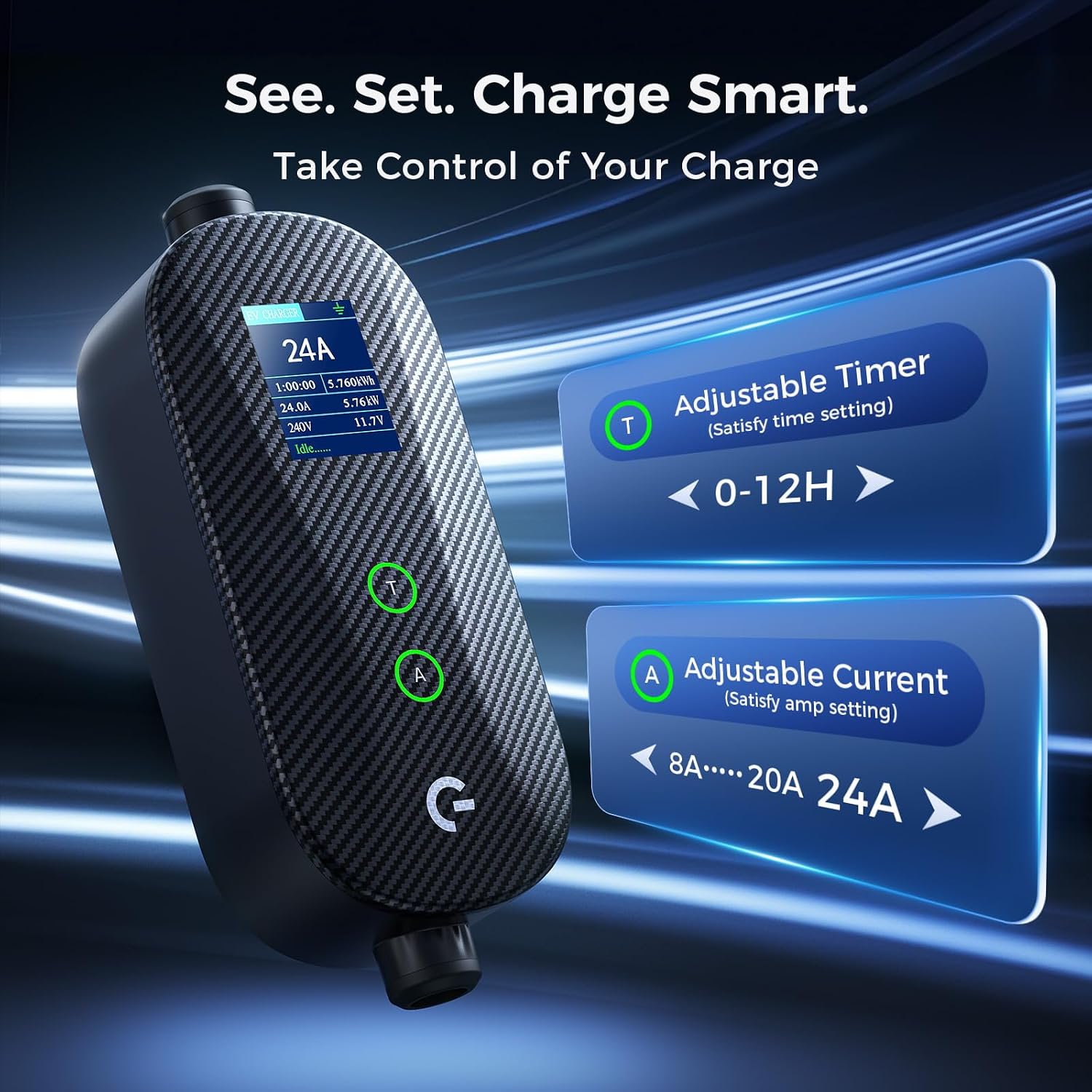 Thumbnail 4 de Grasside Carbon Fiber Level 2 Tesla Charger: 24A Adjustable, Dual Outlet Compatibility, 21ft Cable
