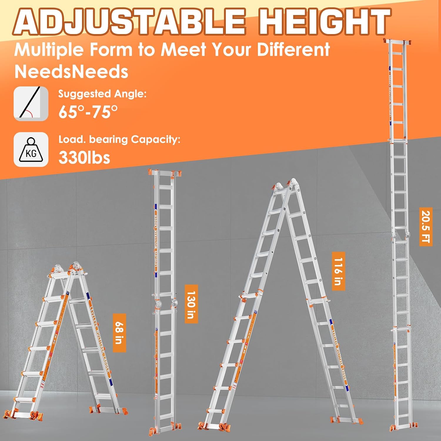 Detalle de LEVELEVE 007 Multi-Position Extension Ladder, 6-Step, 330 lb Capacity