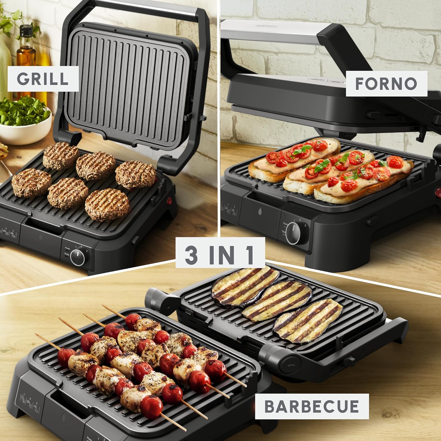 Detalle de Moulinex SuperGrill 3 in 1 GI510D: griglia a contatto con modalità barbecue e forno, termostato regolabile