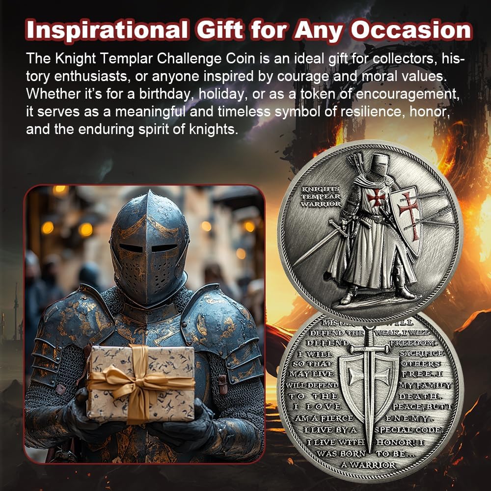 Detalle de RYUKENLM Knights Templar Challenge Coin, Antique Silver-Plated Zinc Alloy