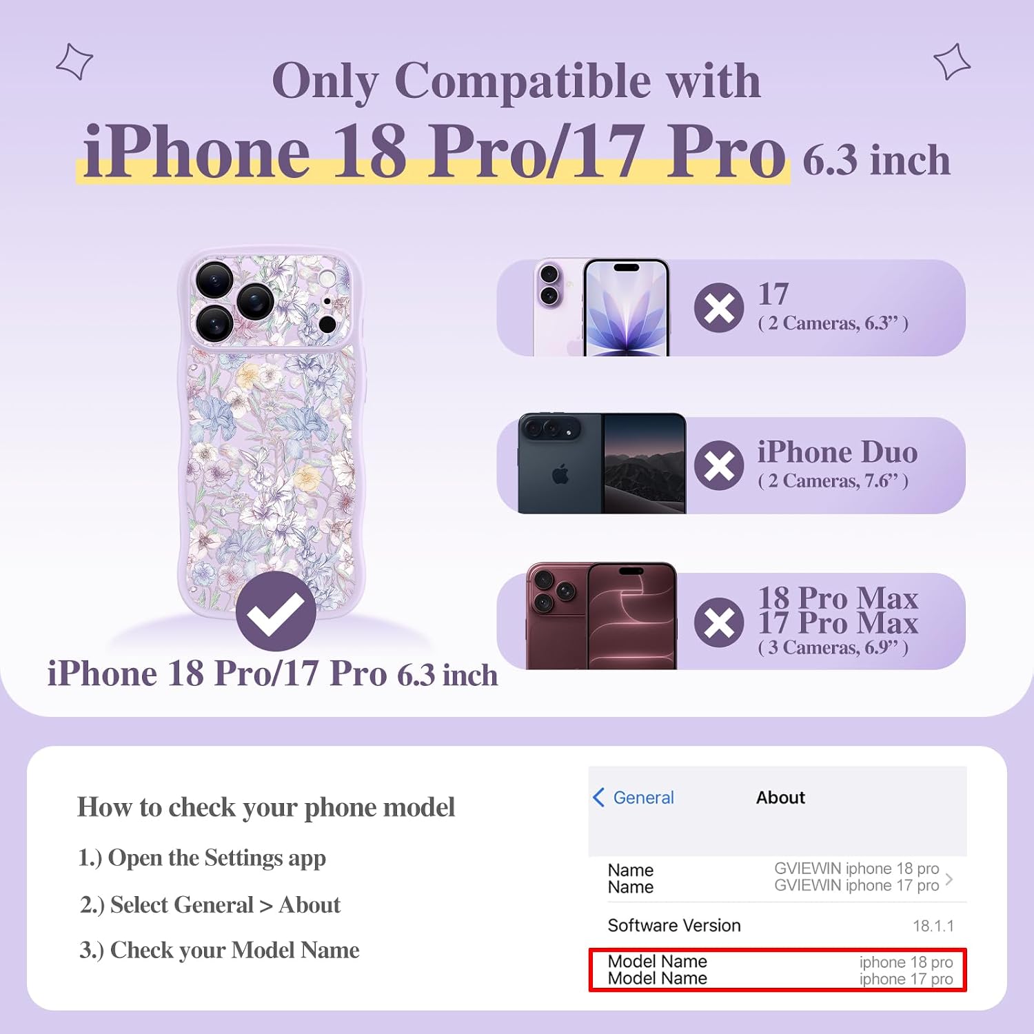 Thumbnail 1 de GVIEWIN for iPhone 17 Pro Case with MagSafe — Curly Wave Edge, Full Camera Protection, Floral Translucent Shockproof