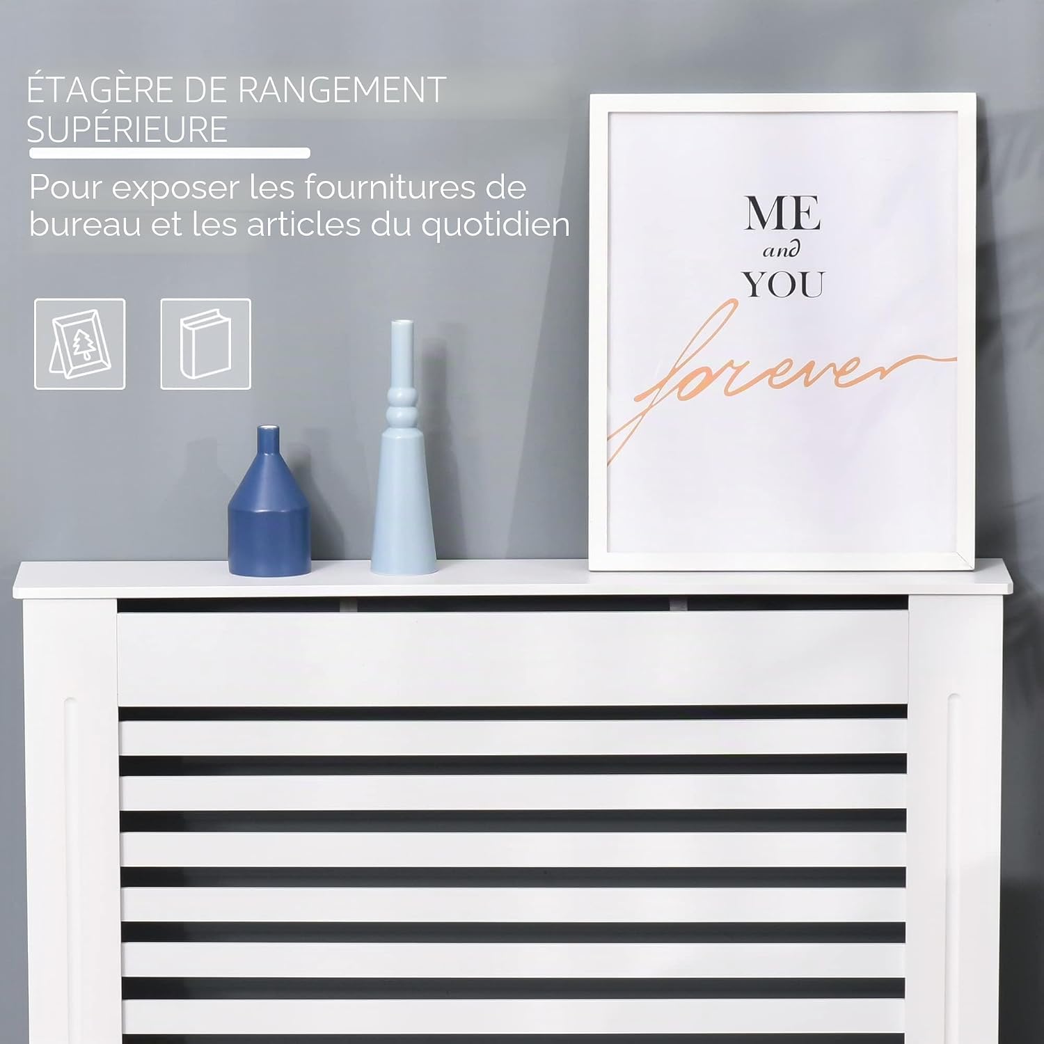 Detalle de HOMCOM Cache-radiateur design à lattes 112x19x81 cm – MDF blanc