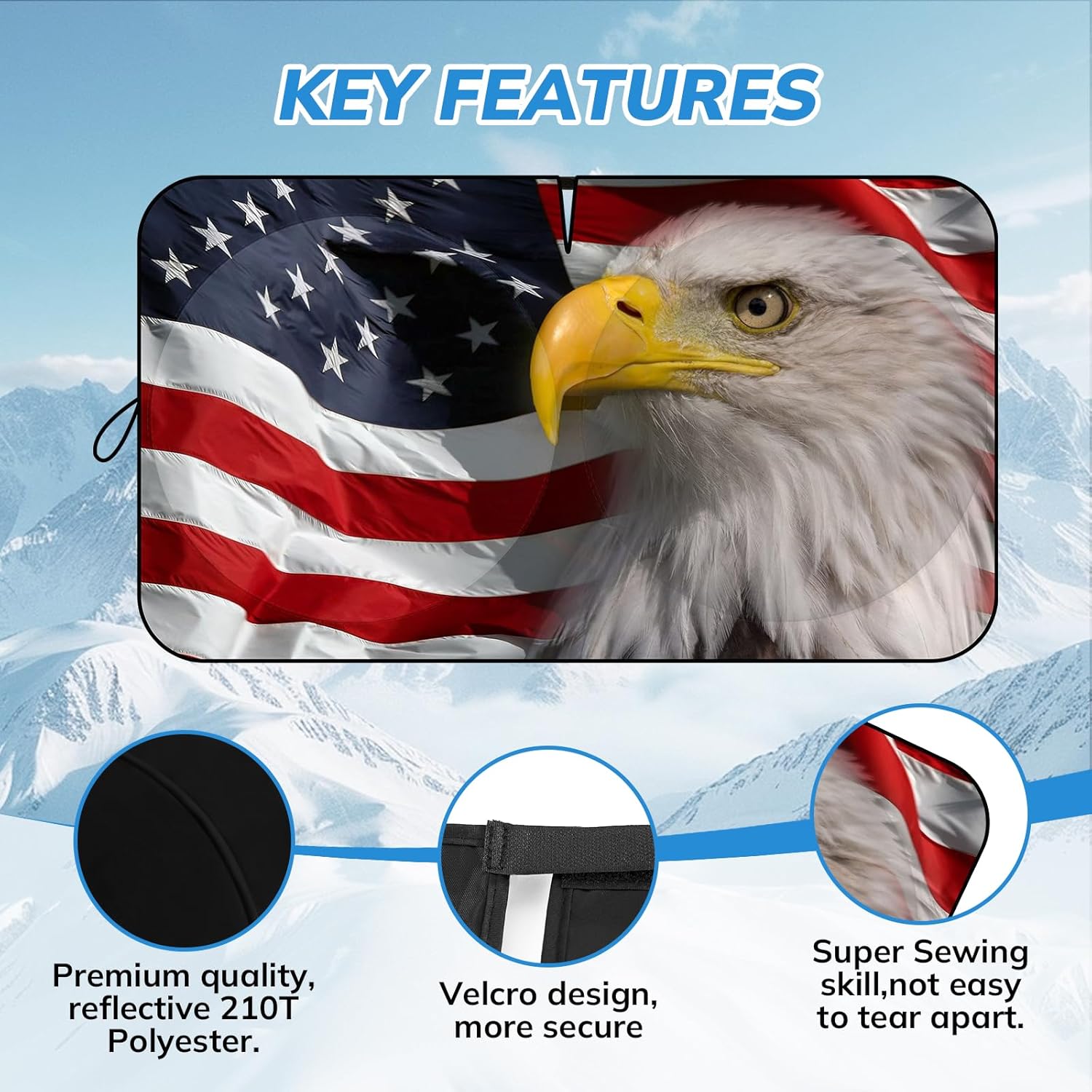 Thumbnail 6 de SEPORUD Folding Windshield Sun Shade with American Eagle Flag Design (XL, Universal Fit up to 66" x 36")