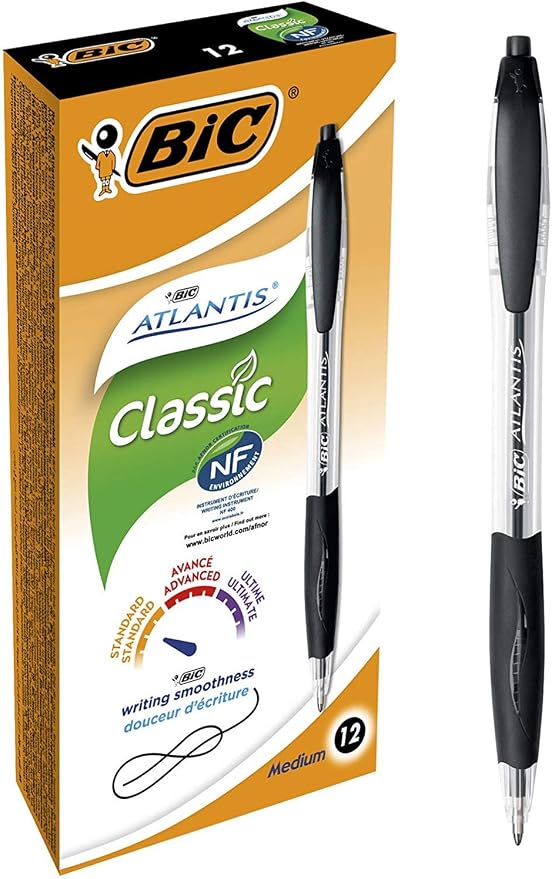 Detalle de BIC Atlantis Classic Bolígrafos Retráctiles Negro 🌟 Caja 12