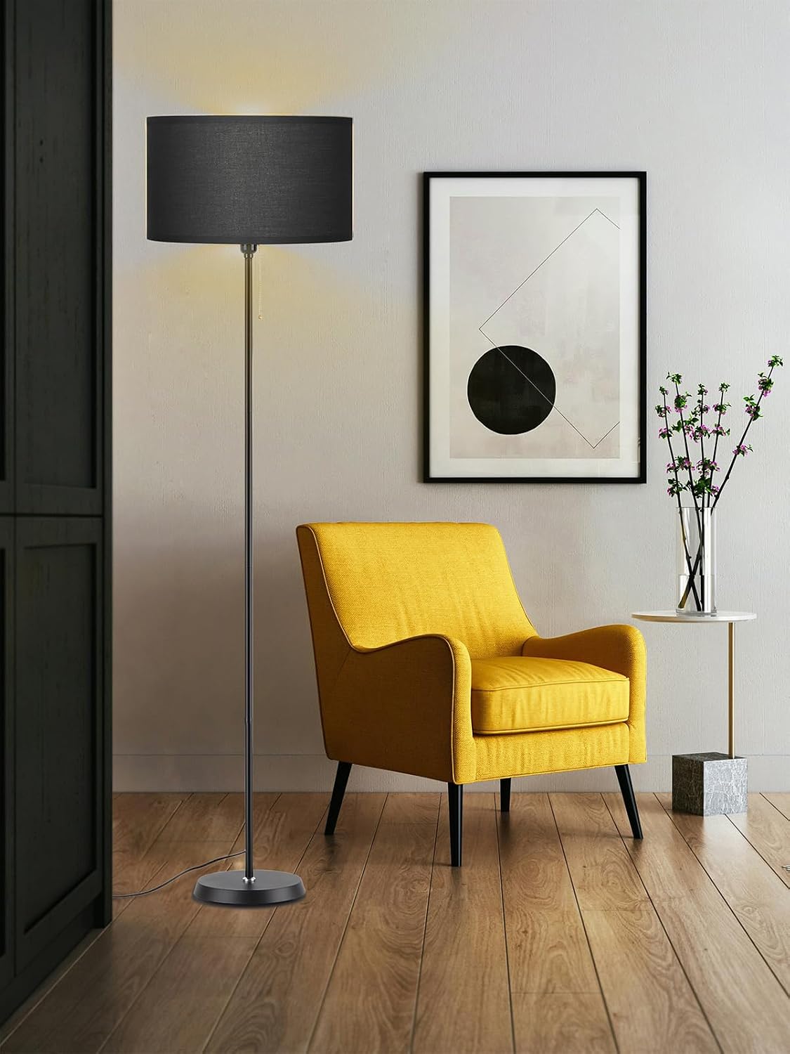 Detalle de AoMck AM33-B Farmhouse Floor Lamp with Black Linen Shade and 3-Colour LED