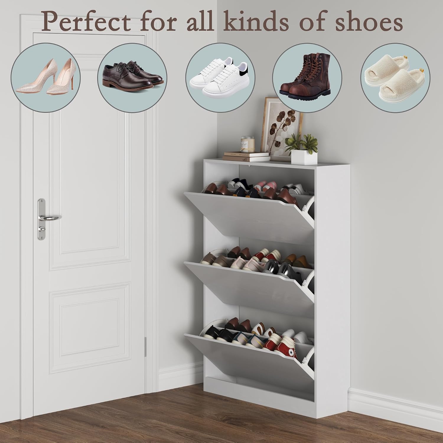 Detalle 2 de BORNOON Sc-80 Shoe Cabinet, 3 Flip Drawers, White, 9.45-Inch Deep
