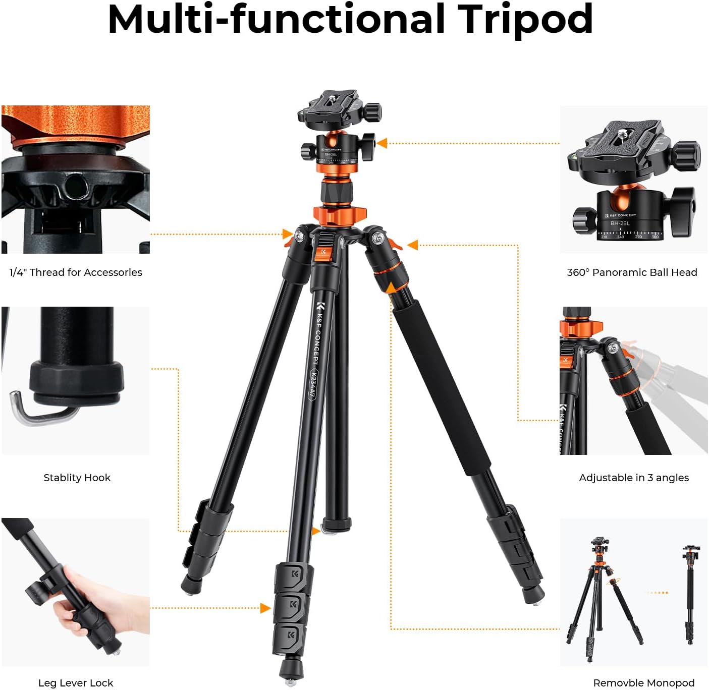 Detalle 2 de K&F CONCEPT O234A7 Camera tripod 79"