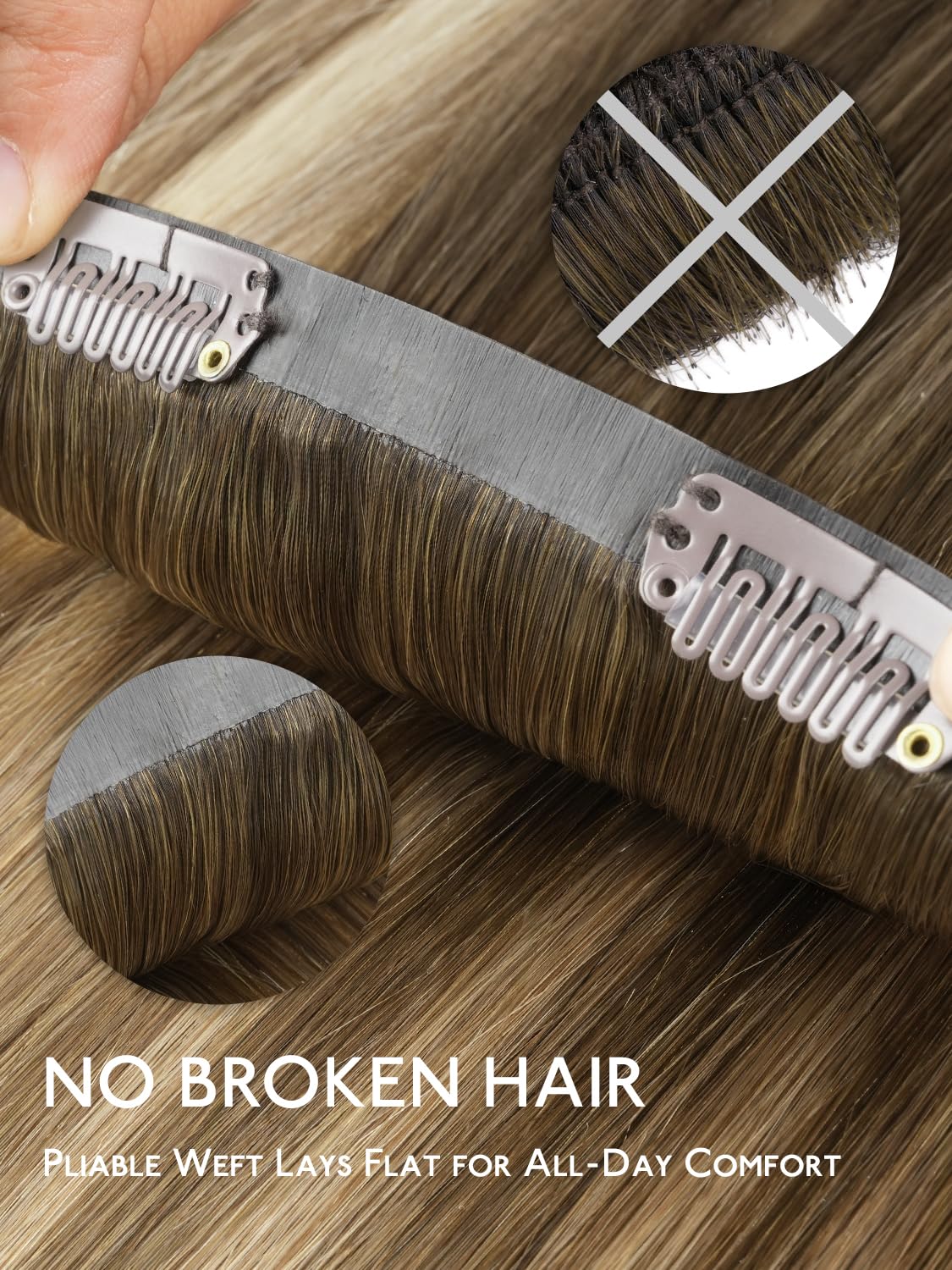 Detalle de WENNALIFE Real Human Hair Clip-In Extensions, 20 inches, Ombre Walnut Brown to Ash Brown & Bleach Blonde, Seamless PU Weft