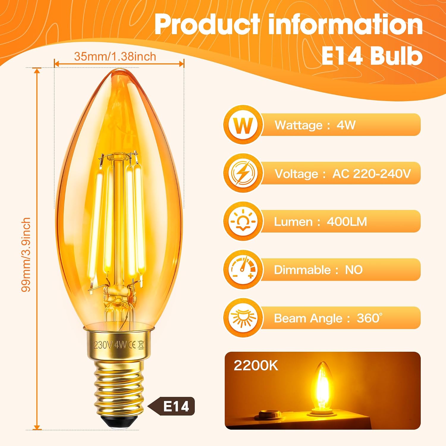 Thumbnail 1 de E14 LED Vintage Candle Bulb 2 Pack