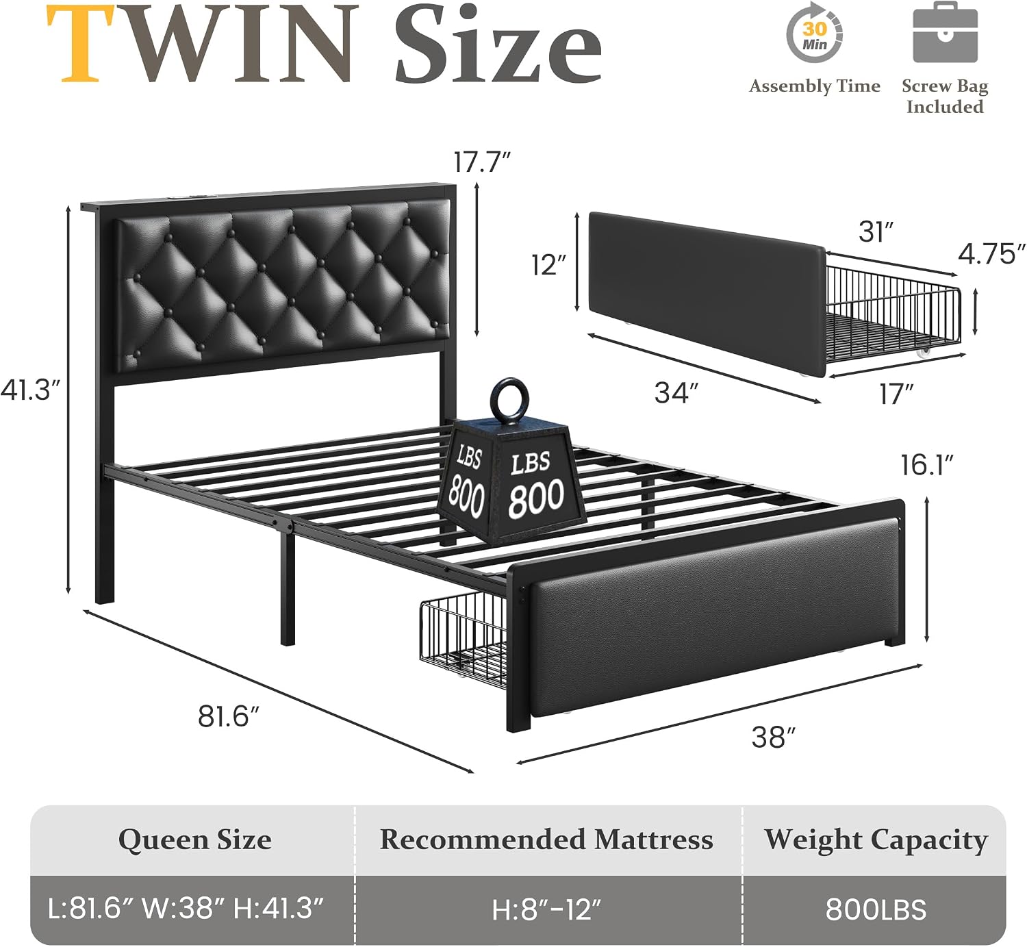 Detalle 2 de PHGLL Twin Bed Frame with Storage Drawer