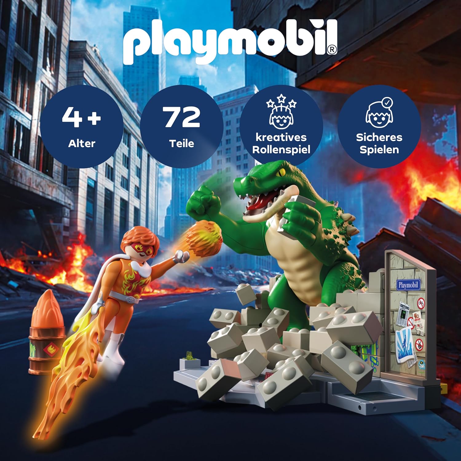 Thumbnail 1 de PLAYMOBIL Heroes: Helden-Showdown mit der Riesenechse – MegaRaptor vs Firestormer (71831)
