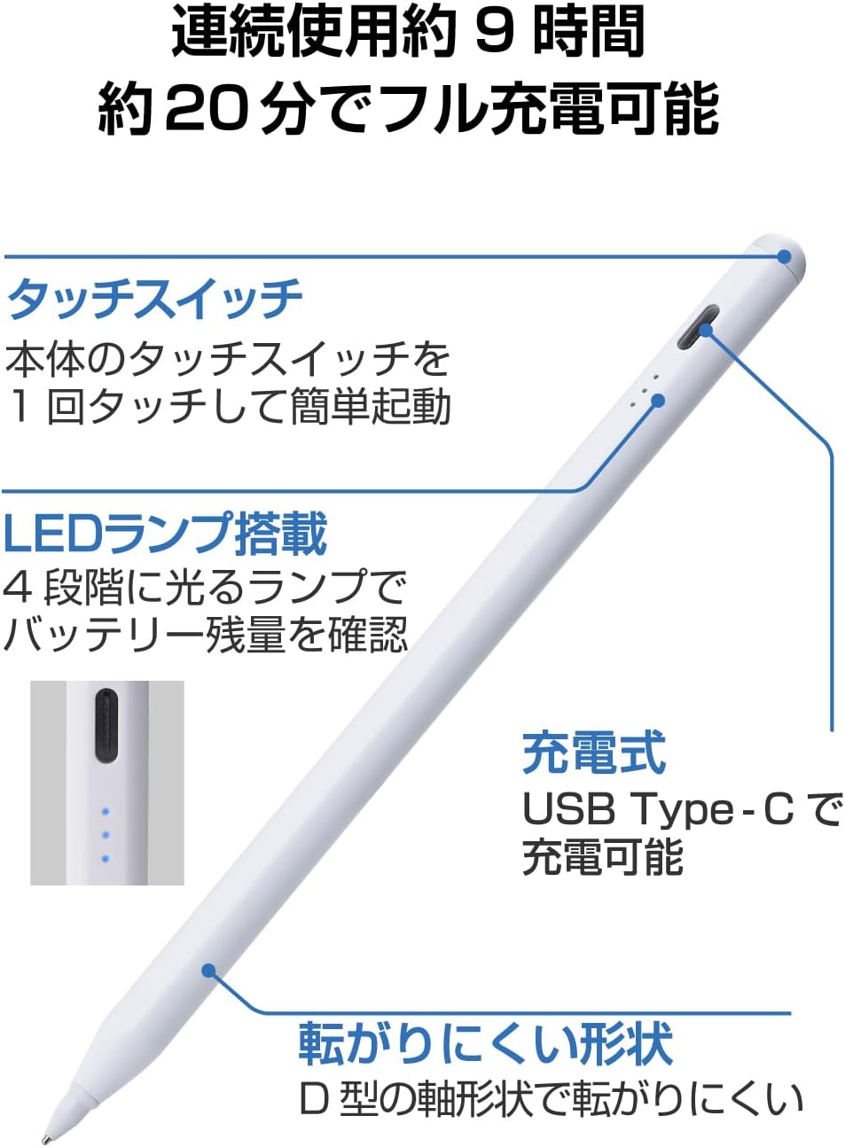 Thumbnail 5 de エレコム P-TPACSTAP10WWH iPad専用タッチペン 金属製ペン先・傾き検知・約20分急速充電 ホワイト