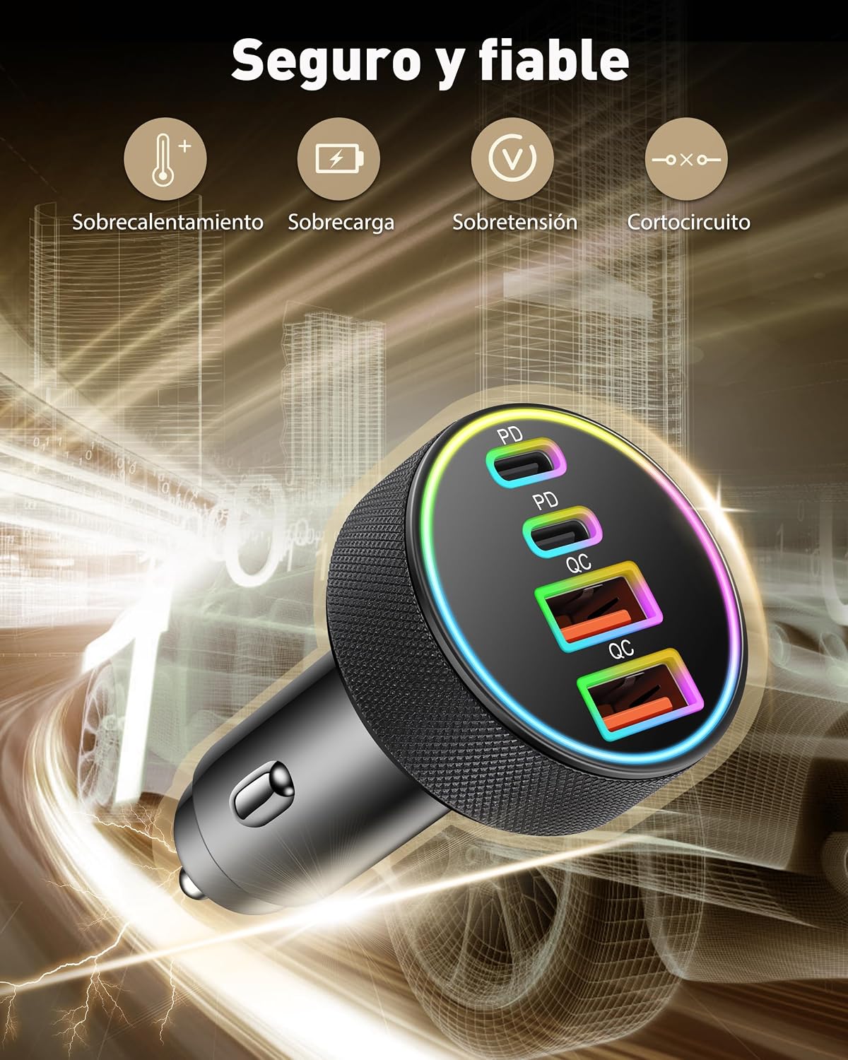 Thumbnail 3 de 4-Puerto 90W Cargador de Coche Dual USB-C/USB-A PD/QC