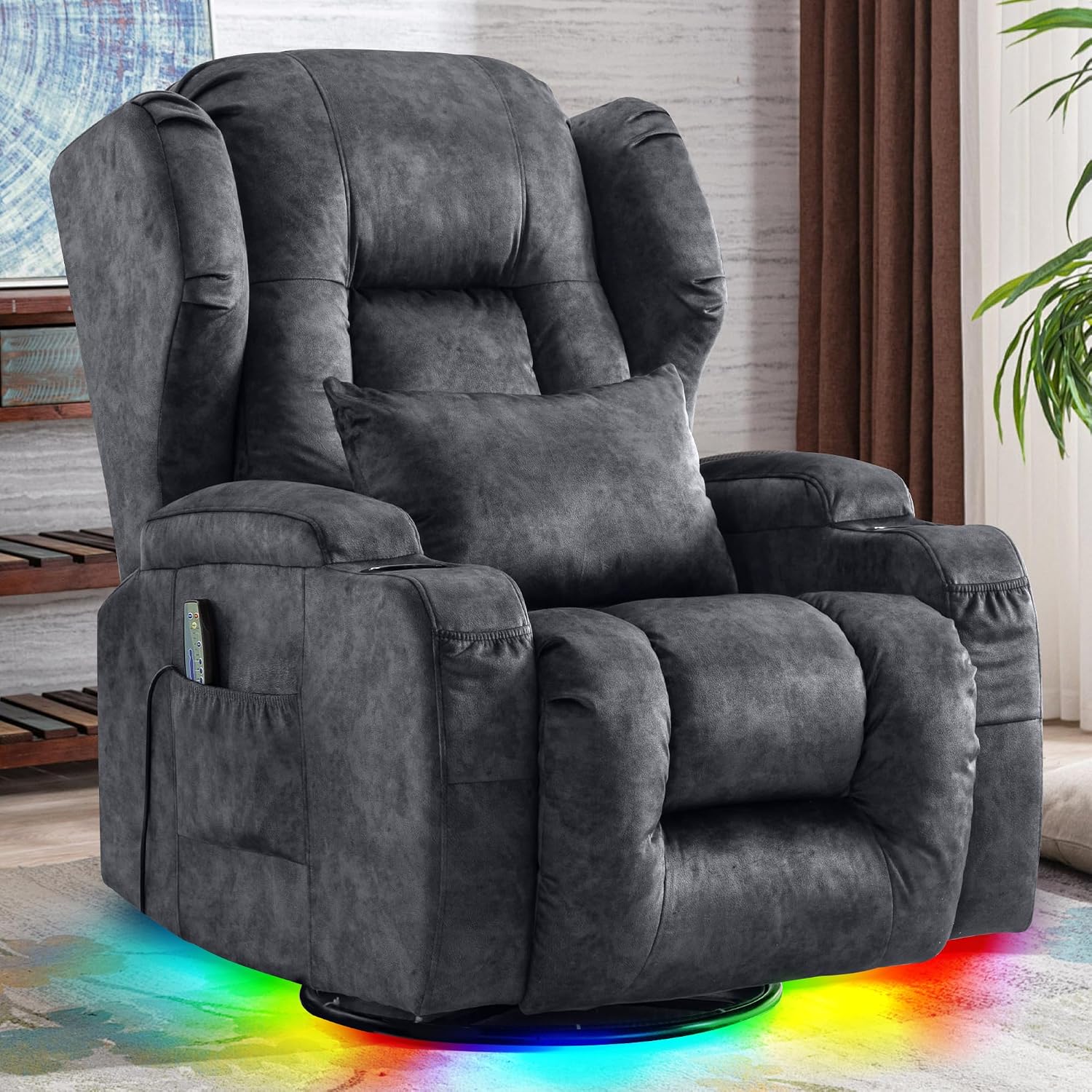Detalle de SITURAY 2-Motorer Elektrischer Verstellbarer Relaxsessel mit Liegefunktion, Drehbarer TV-Sessel mit Massage + Wärme – Samt Grau