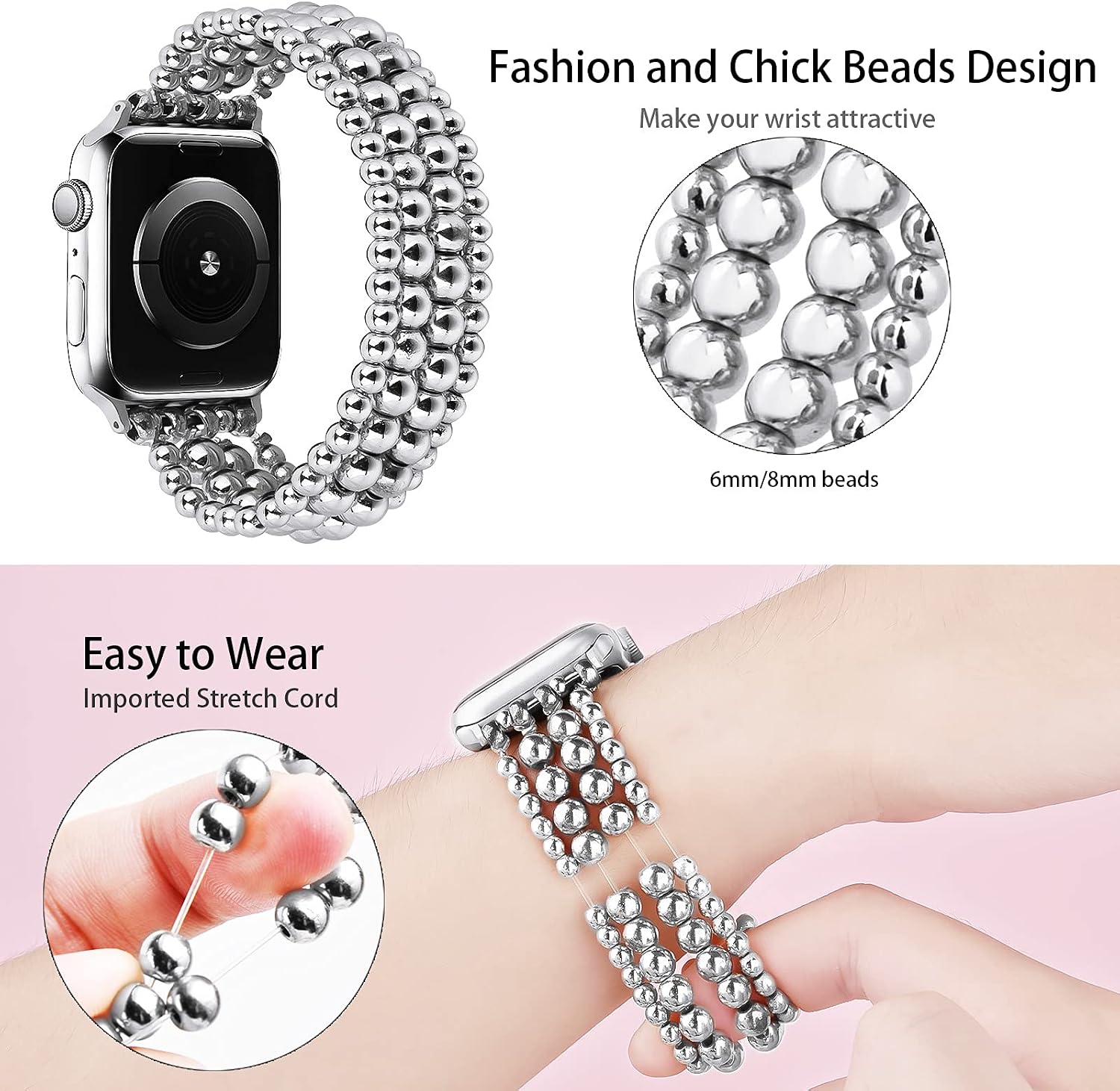 Detalle 2 de MOFREE C-AP38-YZ-SL Beaded Apple Watch Band, Silver Stretch Bracelet