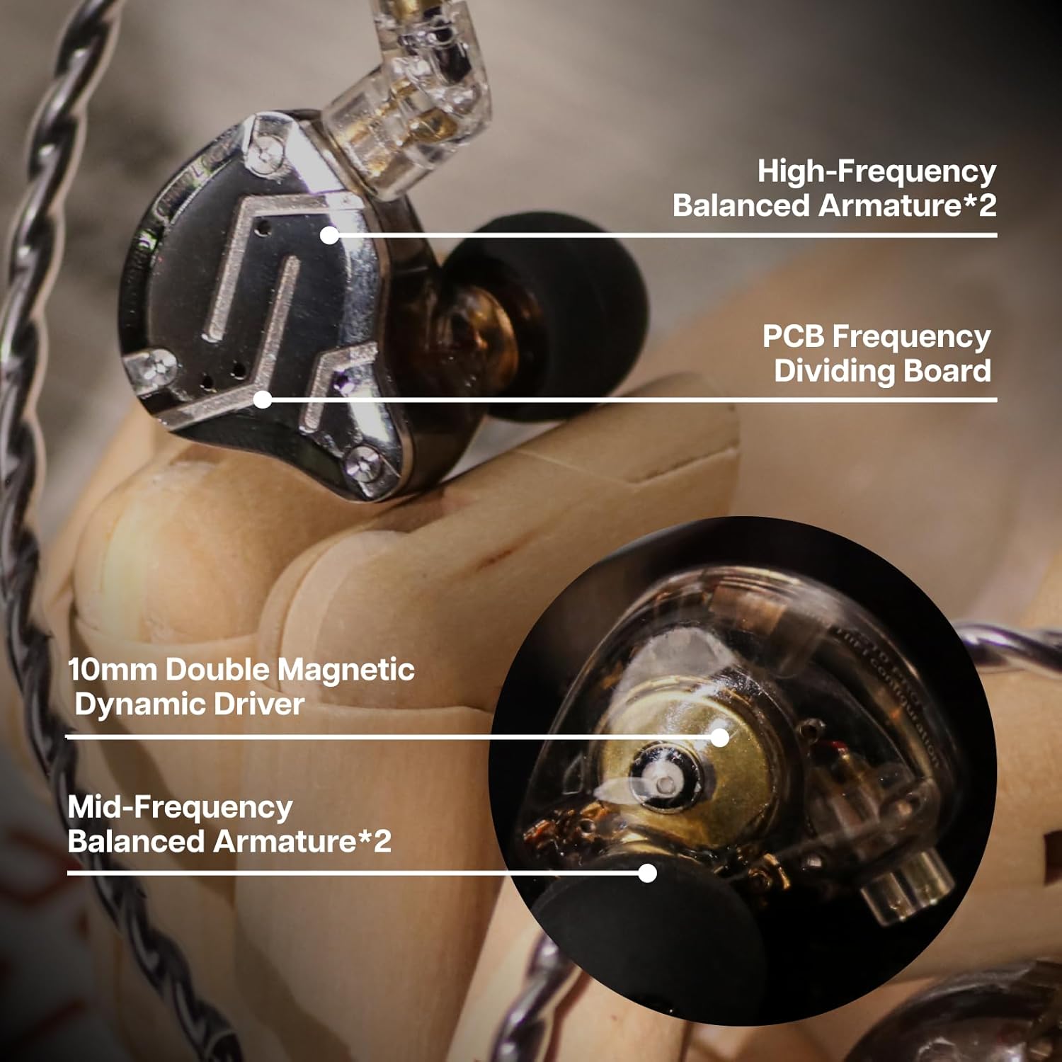 Detalle de Linsoul KZ ZS10 Pro: 5-Driver Hybrid In-Ear Monitor (4BA+1DD) for Hi-Res Sound