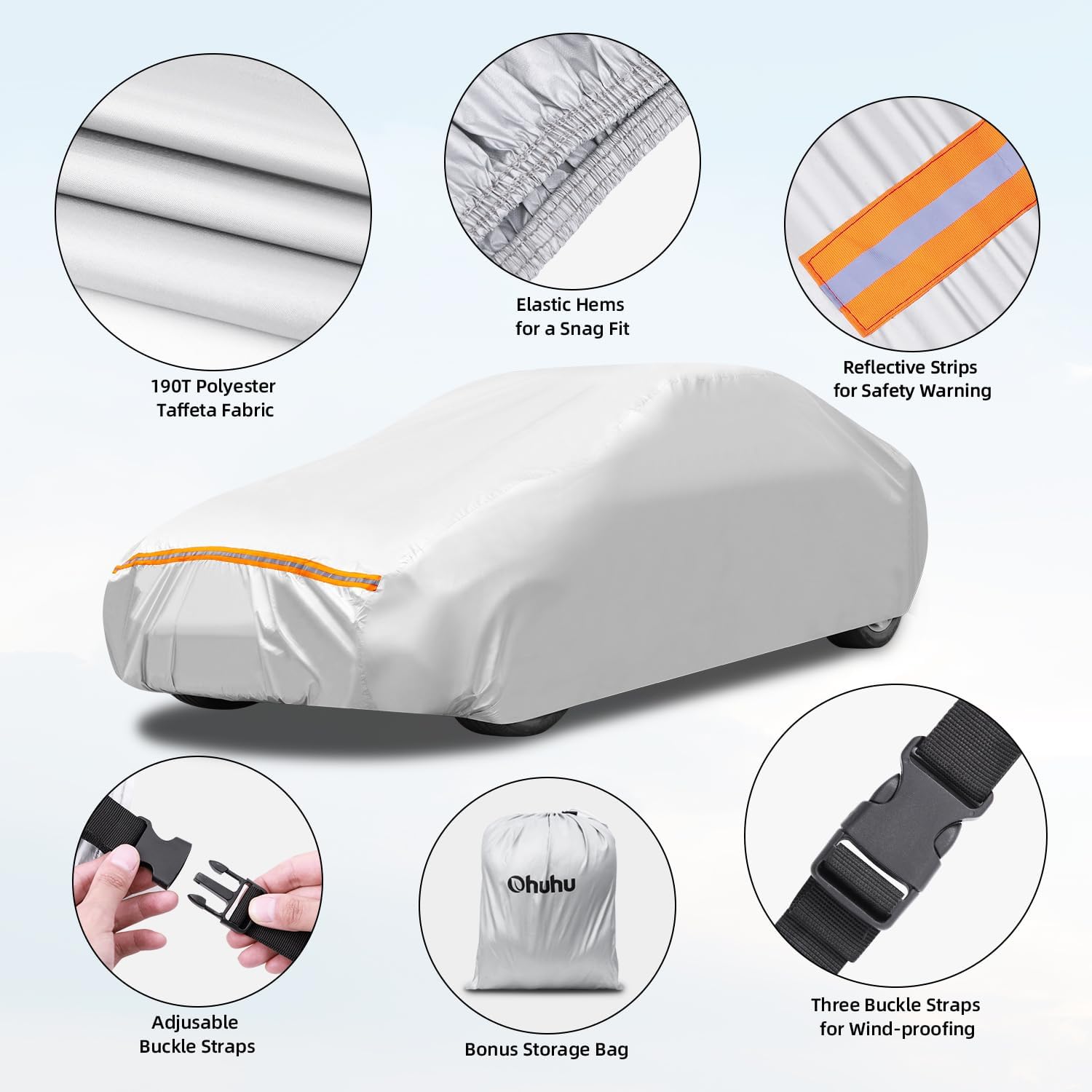 Thumbnail 2 de Ohuhu Universal Full Car Cover for Sedan (191–201 in / 485–510 cm) – All Weather Outdoor & Indoor Protection