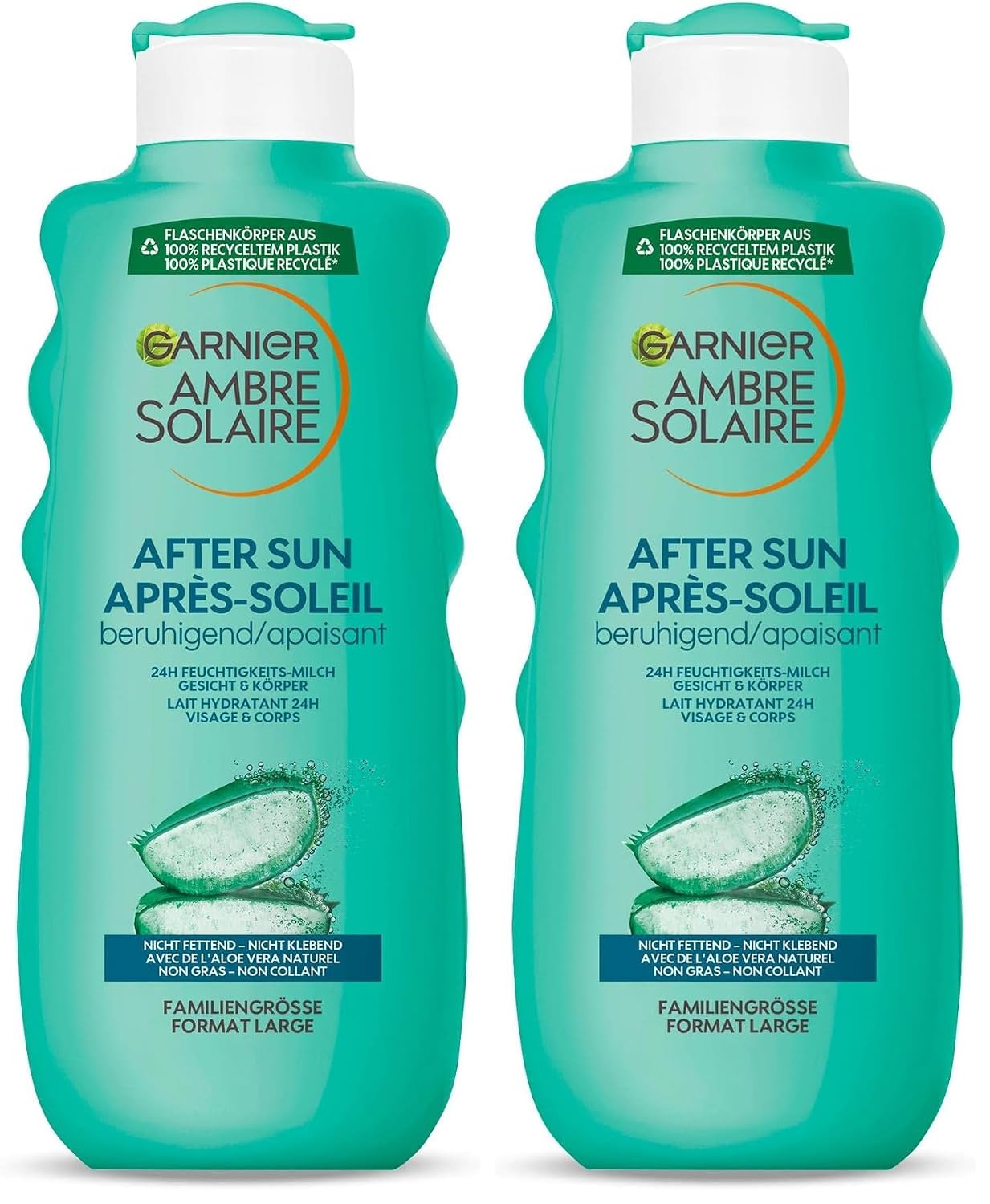Detalle de Garnier Ambre Solaire After Sun Lotion mit Aloe Vera – kühlende Bodylotion, beruhigende Feuchtigkeitspflege (Packung mit 2 x 400 ml)