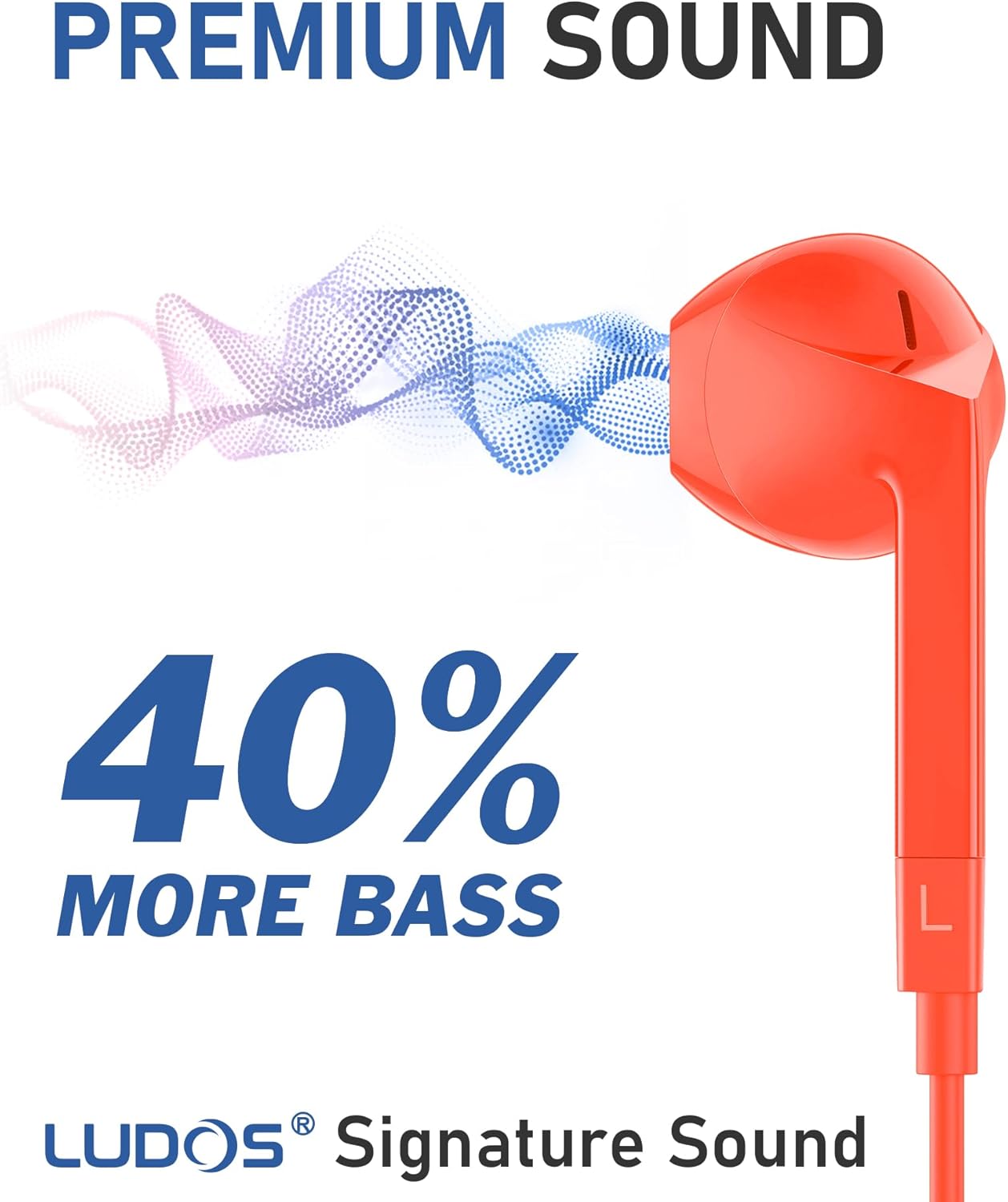 Detalle de LUDOS FEROX Wired Earbuds: In-Ear Headphones with Microphone, 5-Year Warranty, 3.5mm Jack – Coral