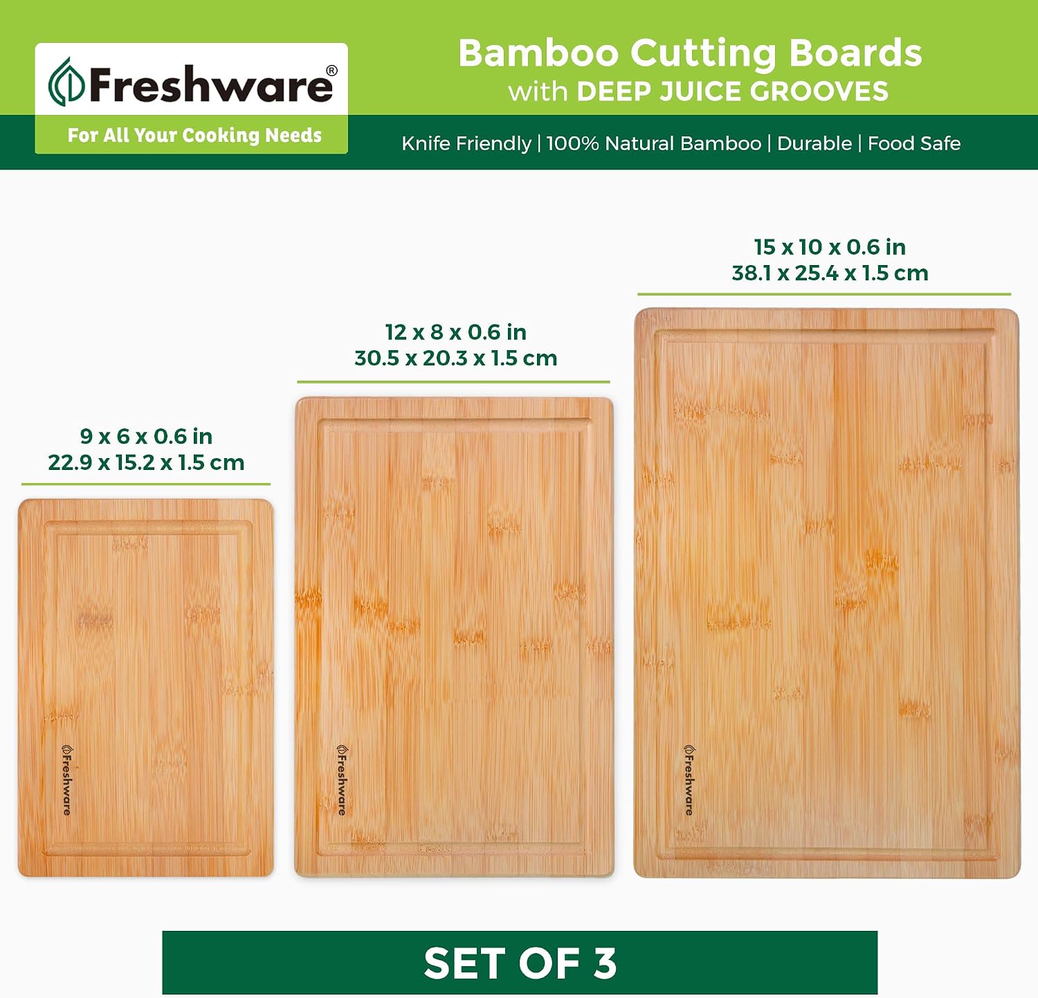 Detalle de Freshware Bamboo Wood Cutting Board Set of 3 with Juice Grooves (9x6", 12x8", 15x10")