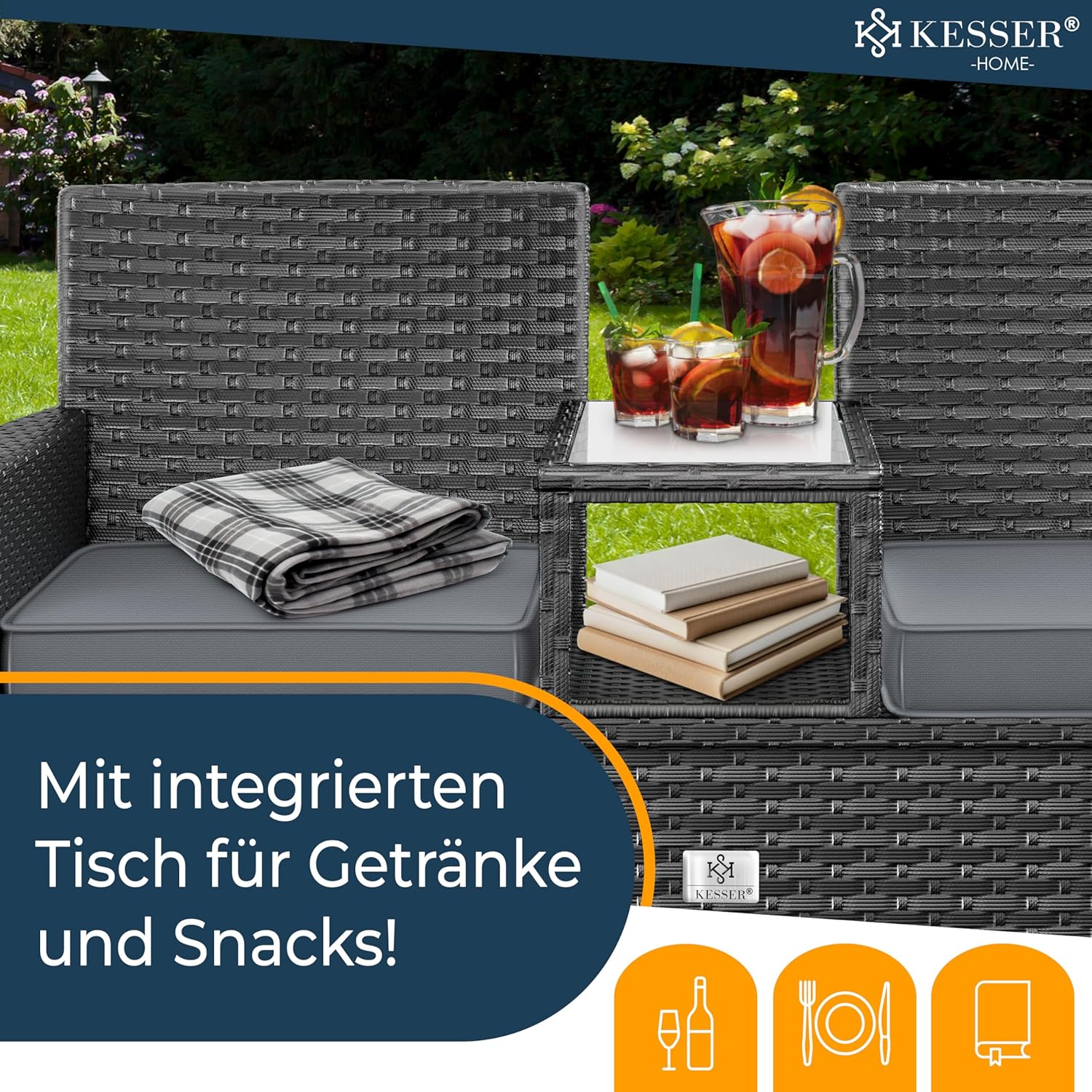 Thumbnail 2 de KESSER Polyrattan Gartenbank mit Tisch, 2-Sitzer, 143x63x88 cm – wetterfest, inkl. Kissen & Cover, Anthrazit