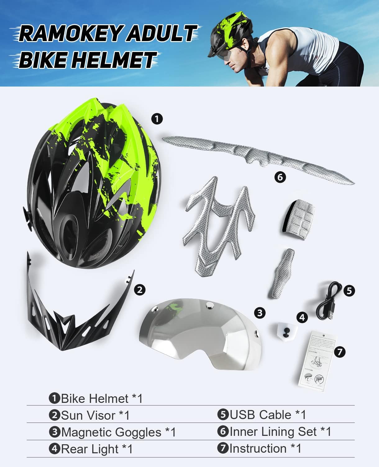 Thumbnail 6 de RaMokey Casco de ciclismo ligero con luz LED y visor magnético