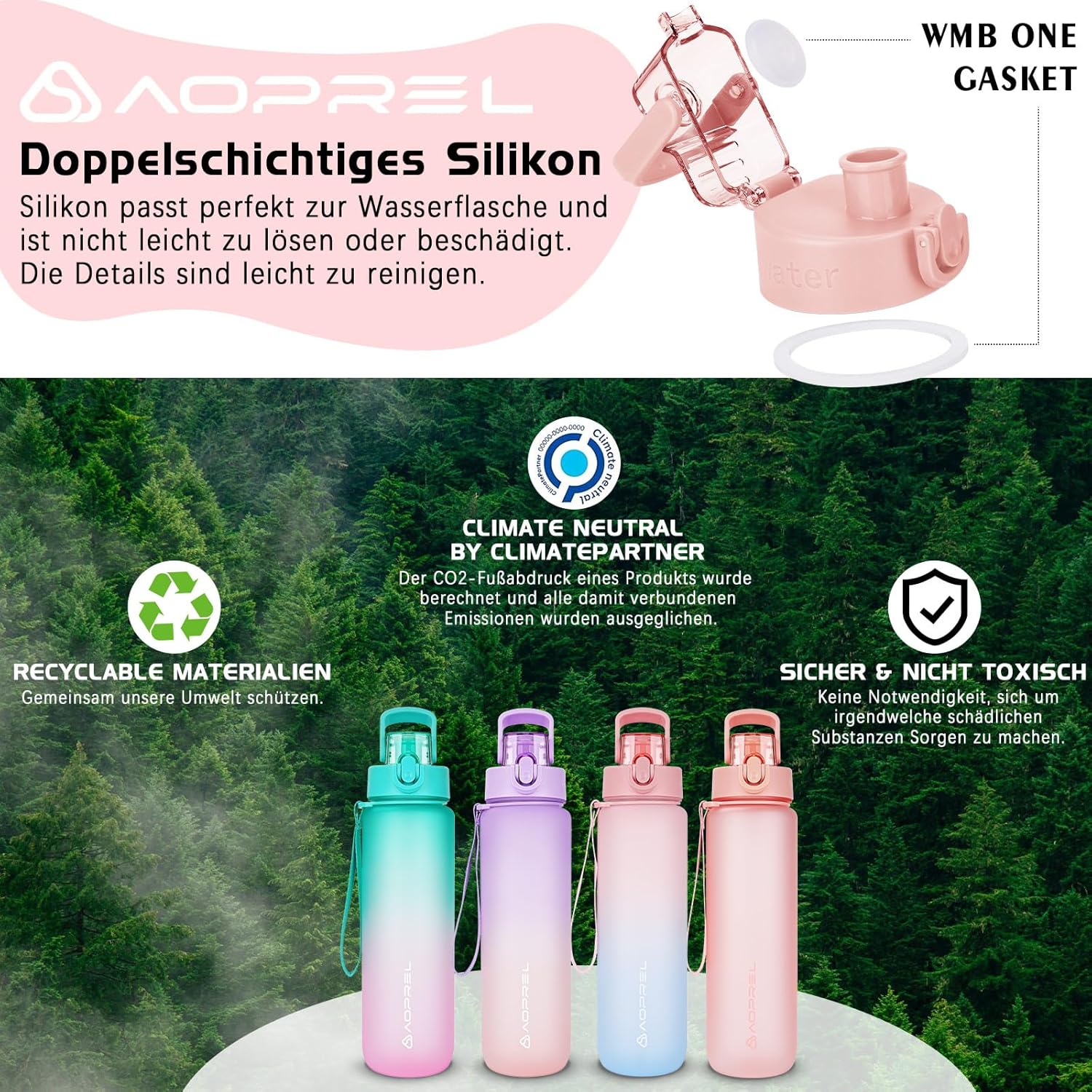 Detalle de AOPREL Trinkflasche 1l – BPA-frei, mit Filter, aus Tritan, auslaufsicher für Fitness, Wandern und Büro