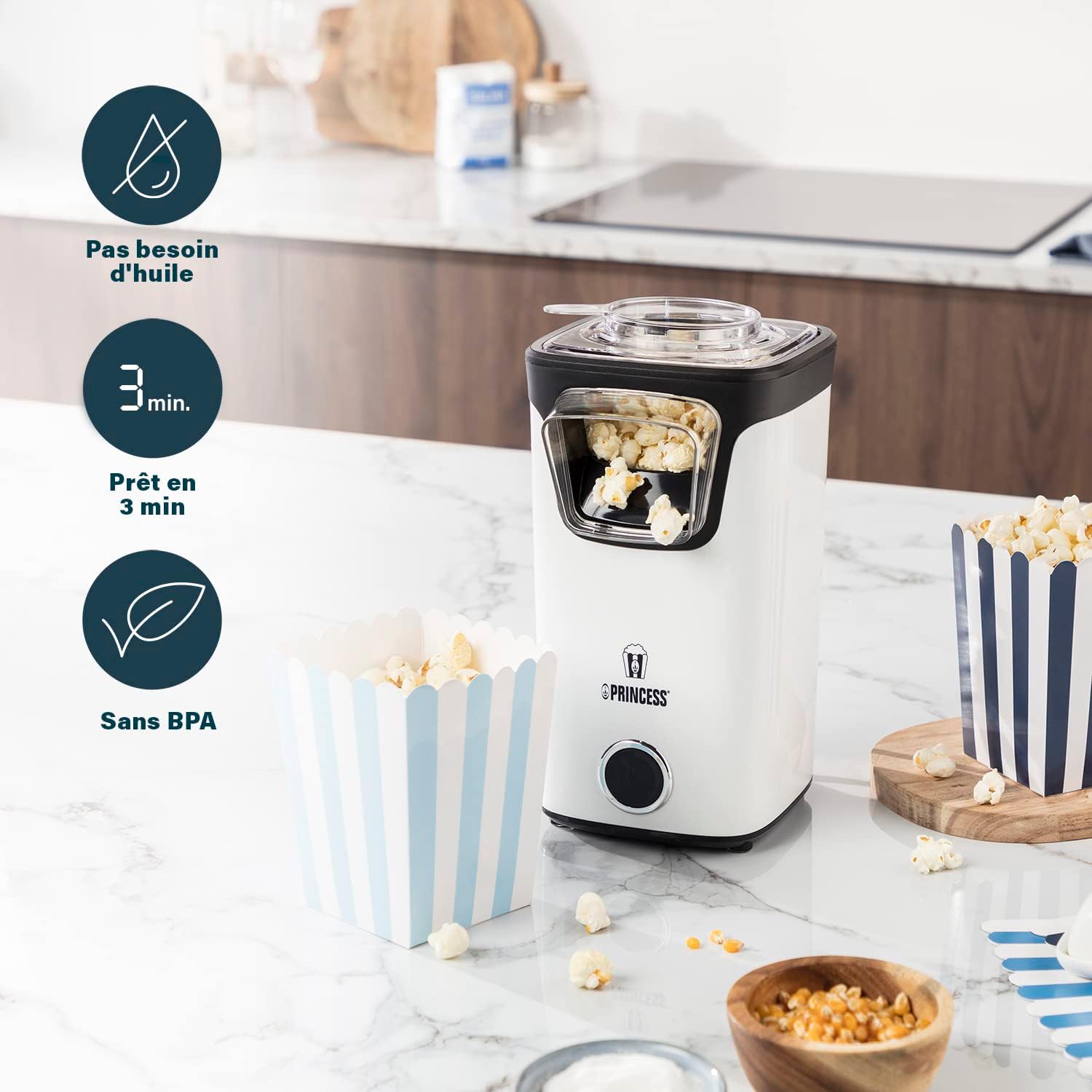 Detalle de Princess Machine à pop-corn à air chaud 1100 W 292986 : prêt en 3 min, sans huile ni graisse