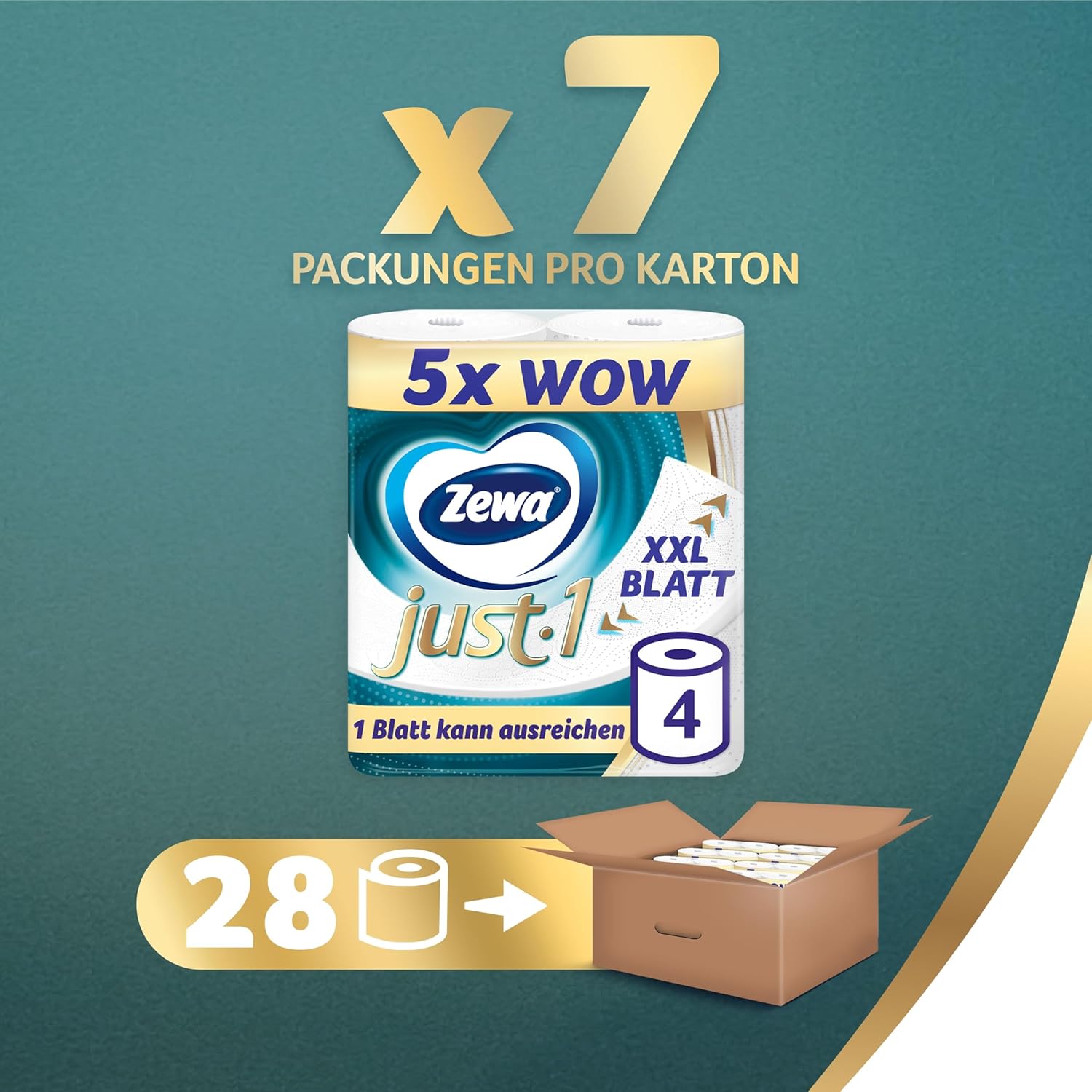 Detalle 2 de Zewa Just1 Toilettenpapier 7×4 Rollen, 99 Blatt pro Rolle 🧻