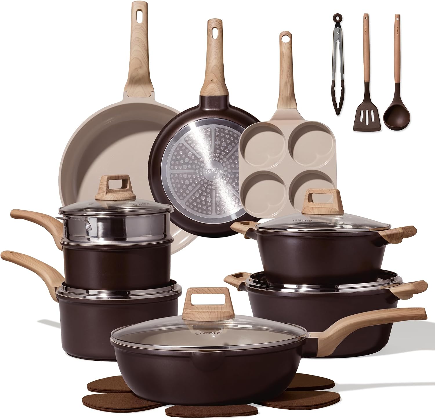 Detalle de CAROTE A15665 21-Piece Ceramic Cookware Set, Induction-Compatible, Dark Mocha