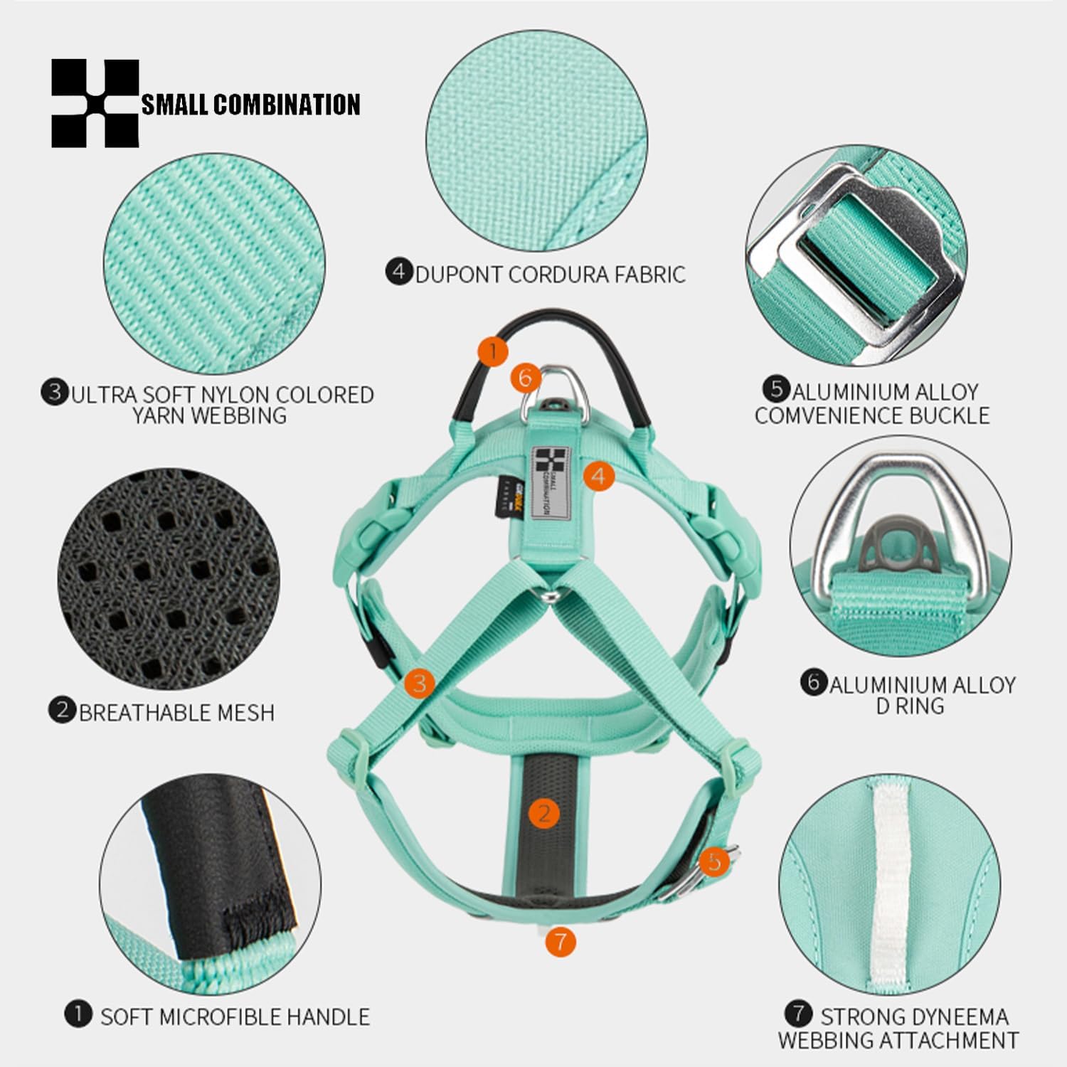 Detalle de Small Combination Small Combination dog harness (no-pull) – adjustable vest with durable handle in aqua green (XS)