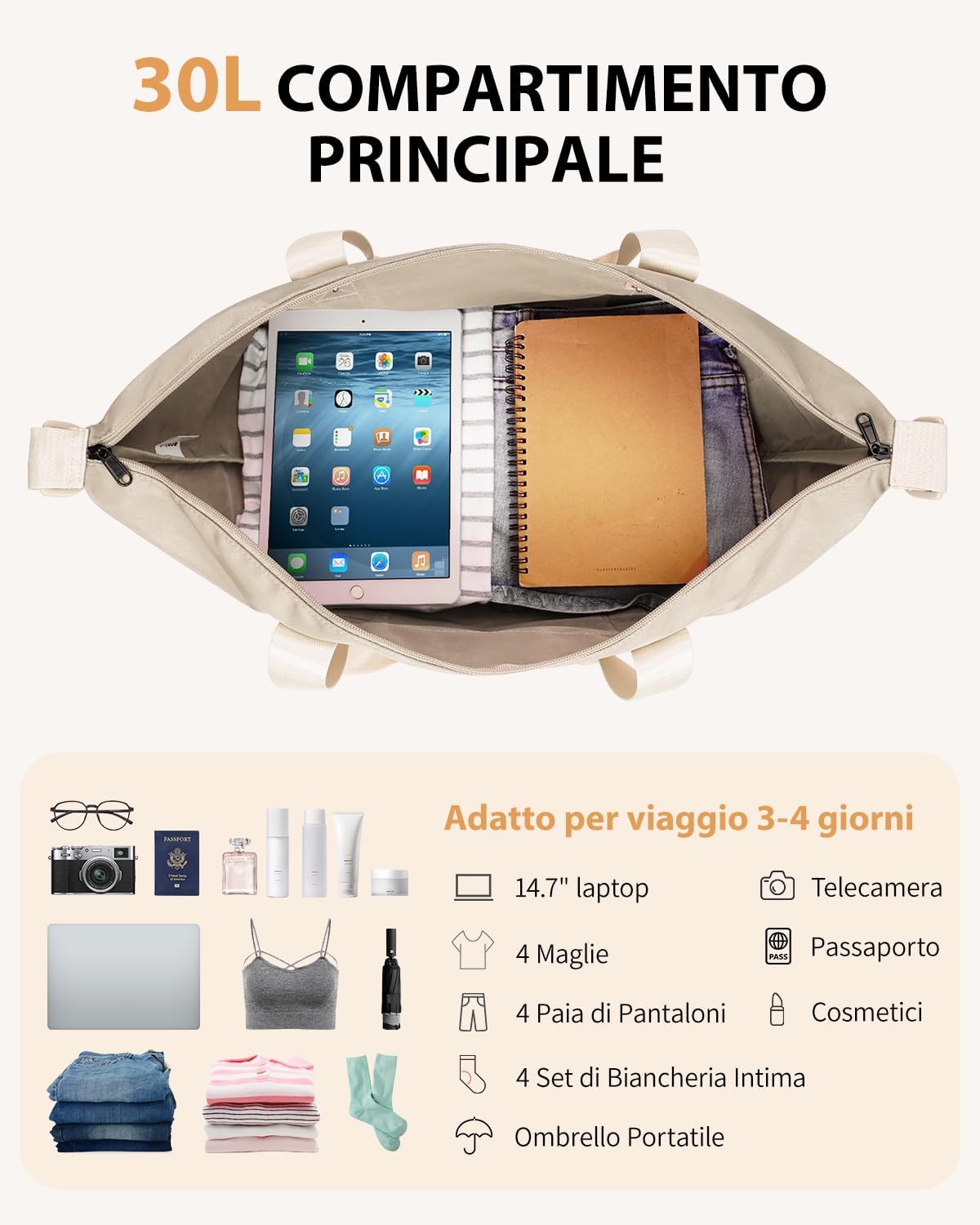 Detalle de ECOHUB Bagaglio a Mano Easyjet 45x36x20, borsa pieghevole 30L con tasca impermeabile (Beige)
