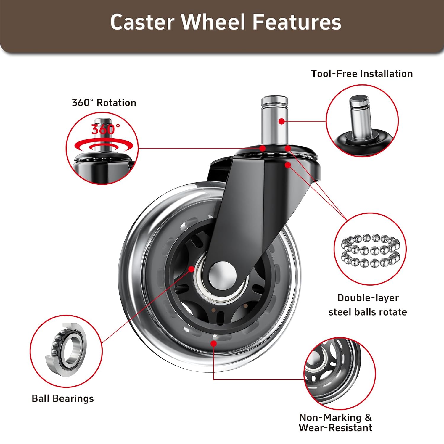 Thumbnail 3 de ASHGOOB TR04 Office Chair Wheels, 20-Pack 3-Inch PU Casters