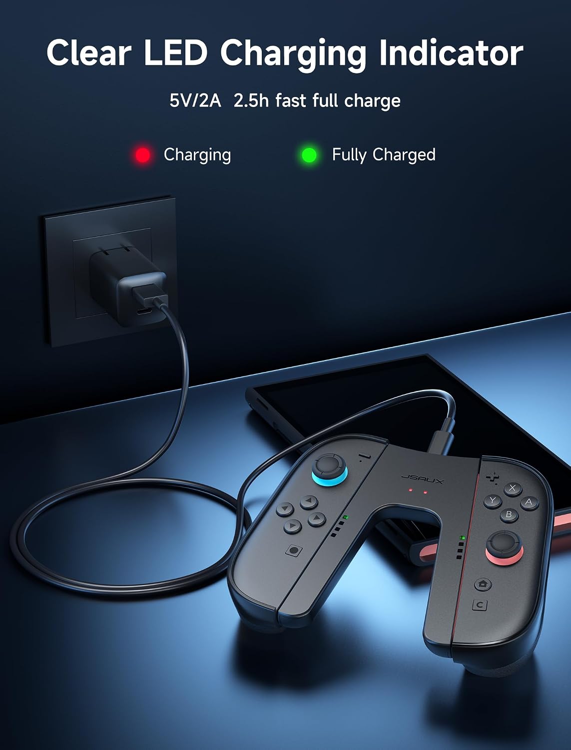 Detalle de JSAUX ergonomischer Switch 2 Ladegriff mit Magnet-Snap-on, LED-Anzeige und 1,5-m-Kabel – für Laden beim Spielen