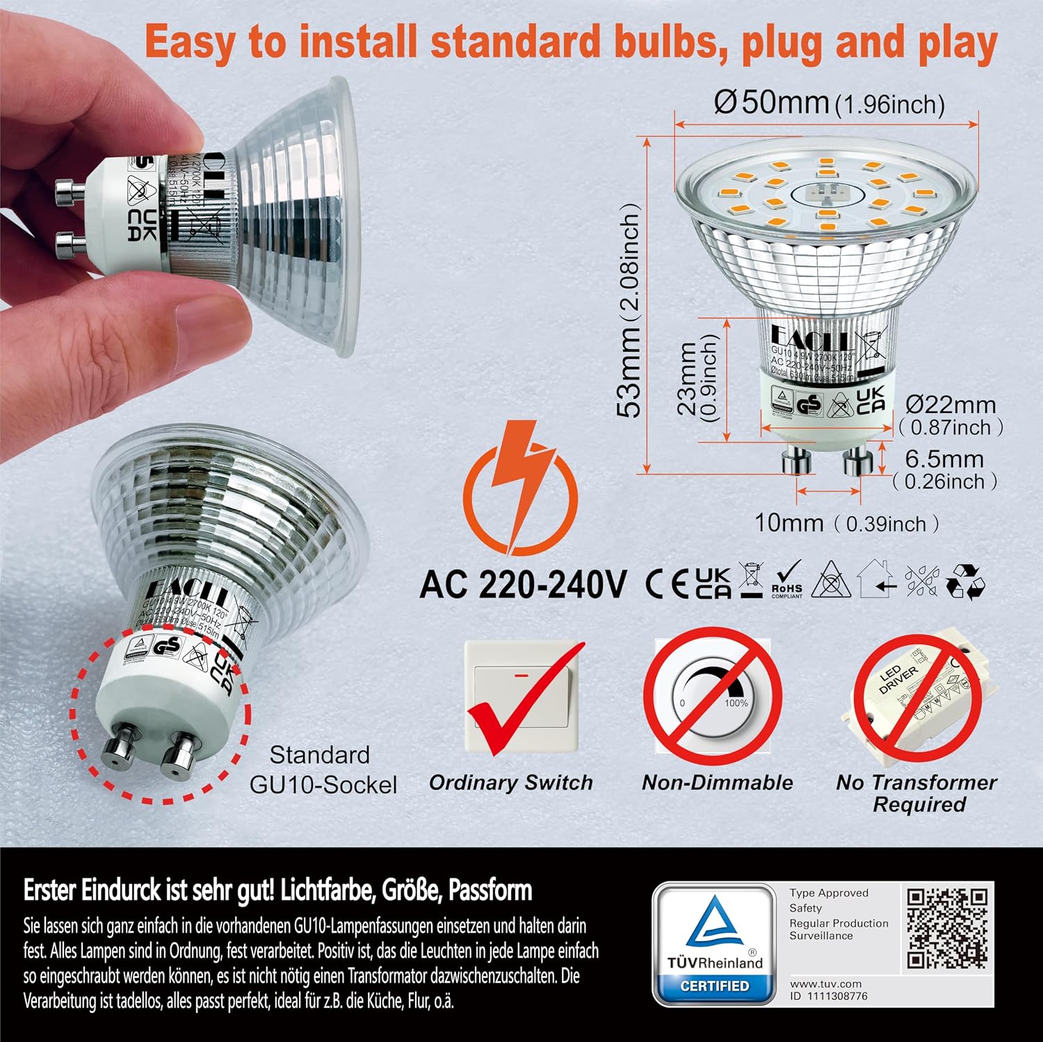 Detalle de EACLL GU10 LED Warmweiß 4.9W – 4er-Pack, 515 lm, 2700K, Nicht Dimmbar