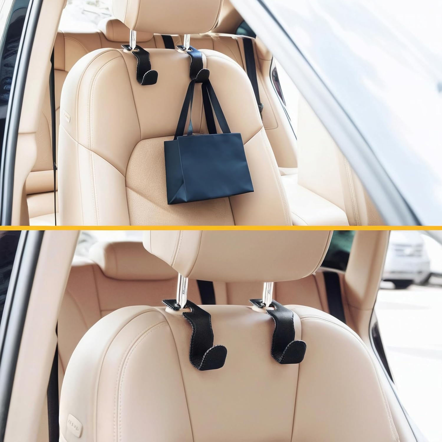 Detalle de EldHus Headrest Hooks for Purses and Bags (2 Pack) – Leather-Wrapped Metal Car Seat Hooks