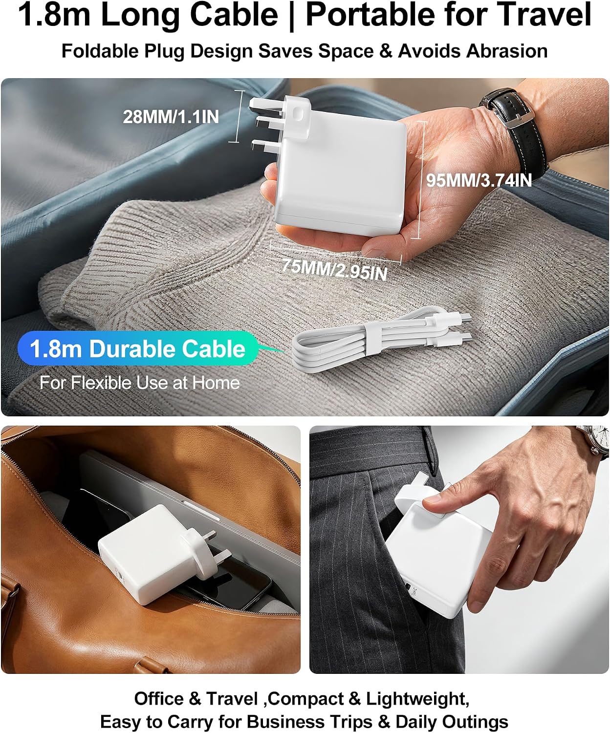 Detalle de 96W USB-C Fast Laptop Charger (MacBook Pro/Air compatible) with foldable plug and 1.8M USB-C cable