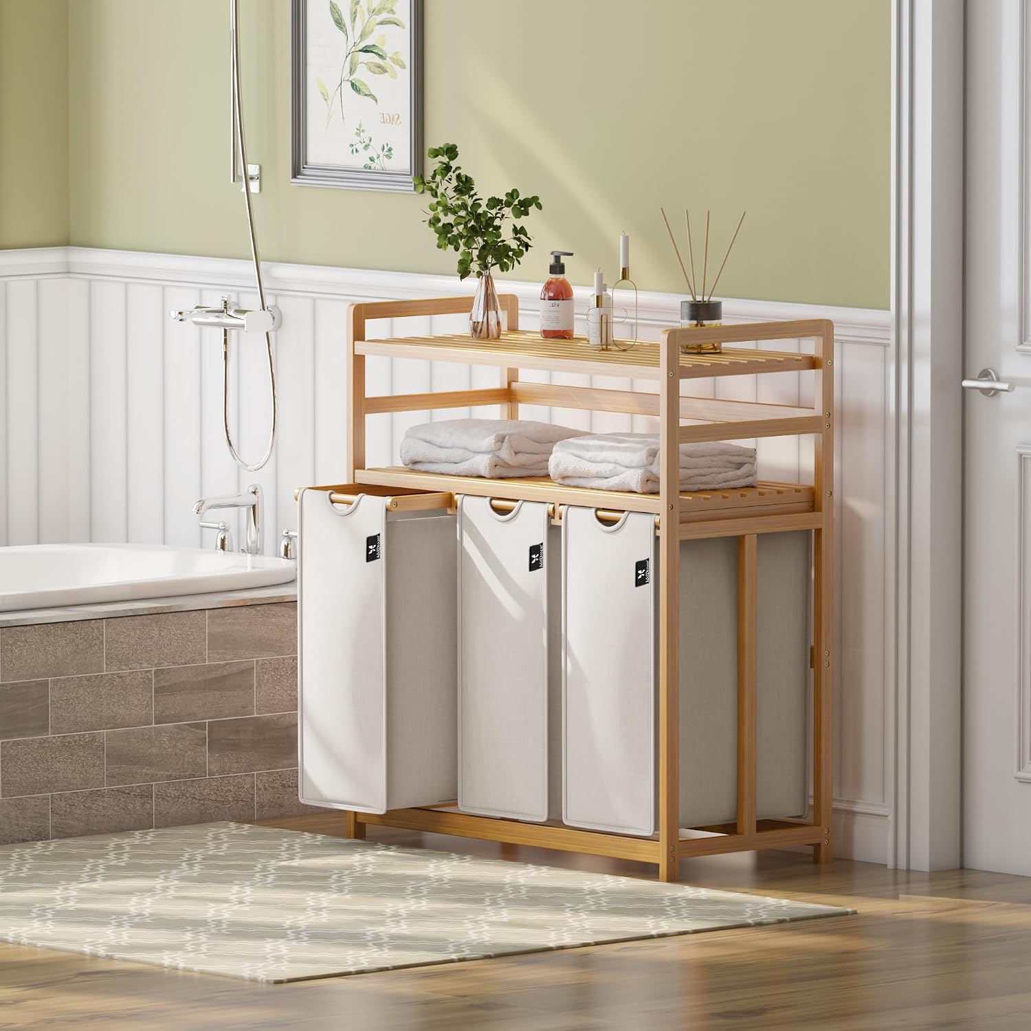 Detalle de ADEL DREAM Kuche-06 wasmand 150 l met 3 vakken, bamboe frame en 2 legplanken