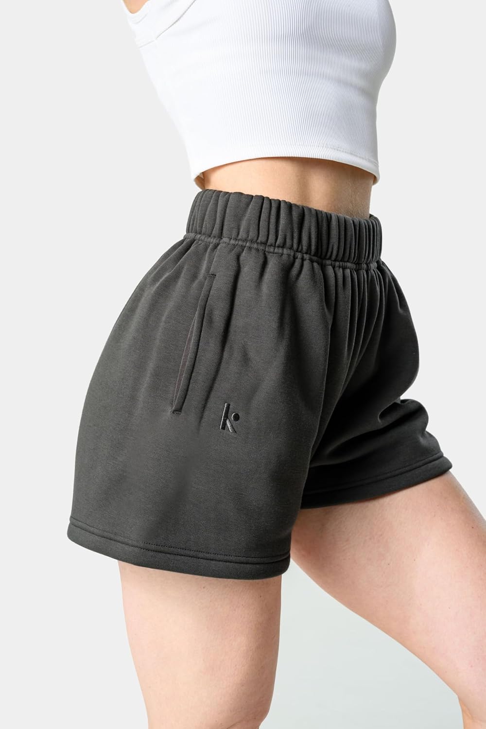 Detalle de Kamo Fitness CozyTec Sweat Shorts for Women — High-Waisted Lounge Cotton Shorts with Pockets