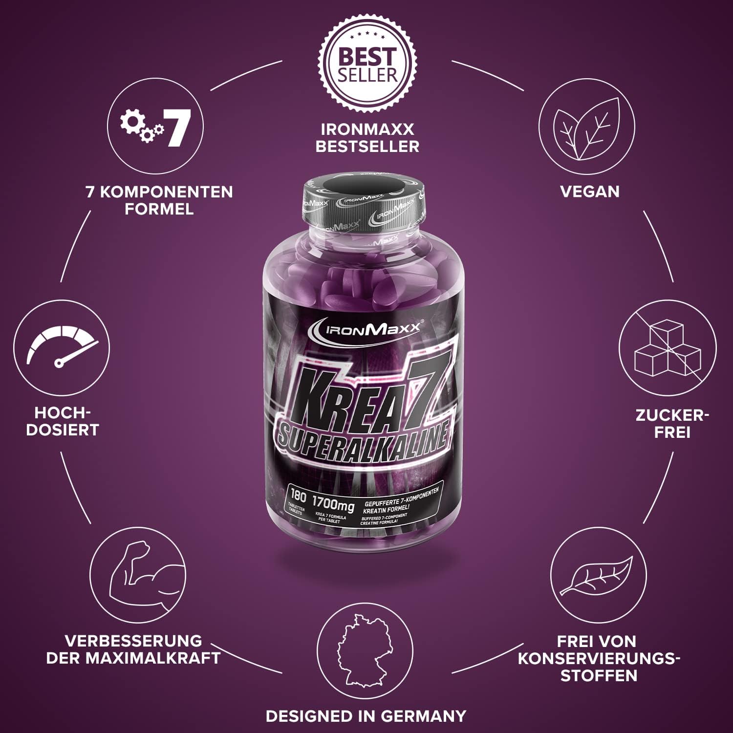 Thumbnail 4 de IronMaxx Krea7 Superalkaline Kreatin Tabletten – 180 Kapseln, hochdosierte 7-Komponenten-Formel, zuckerfrei