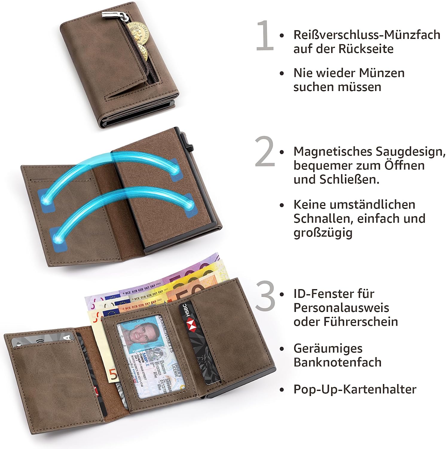 Detalle 2 de Tomylv Geldbörse Herren – Slim Wallet RFID Schutz aus Leder, Braun