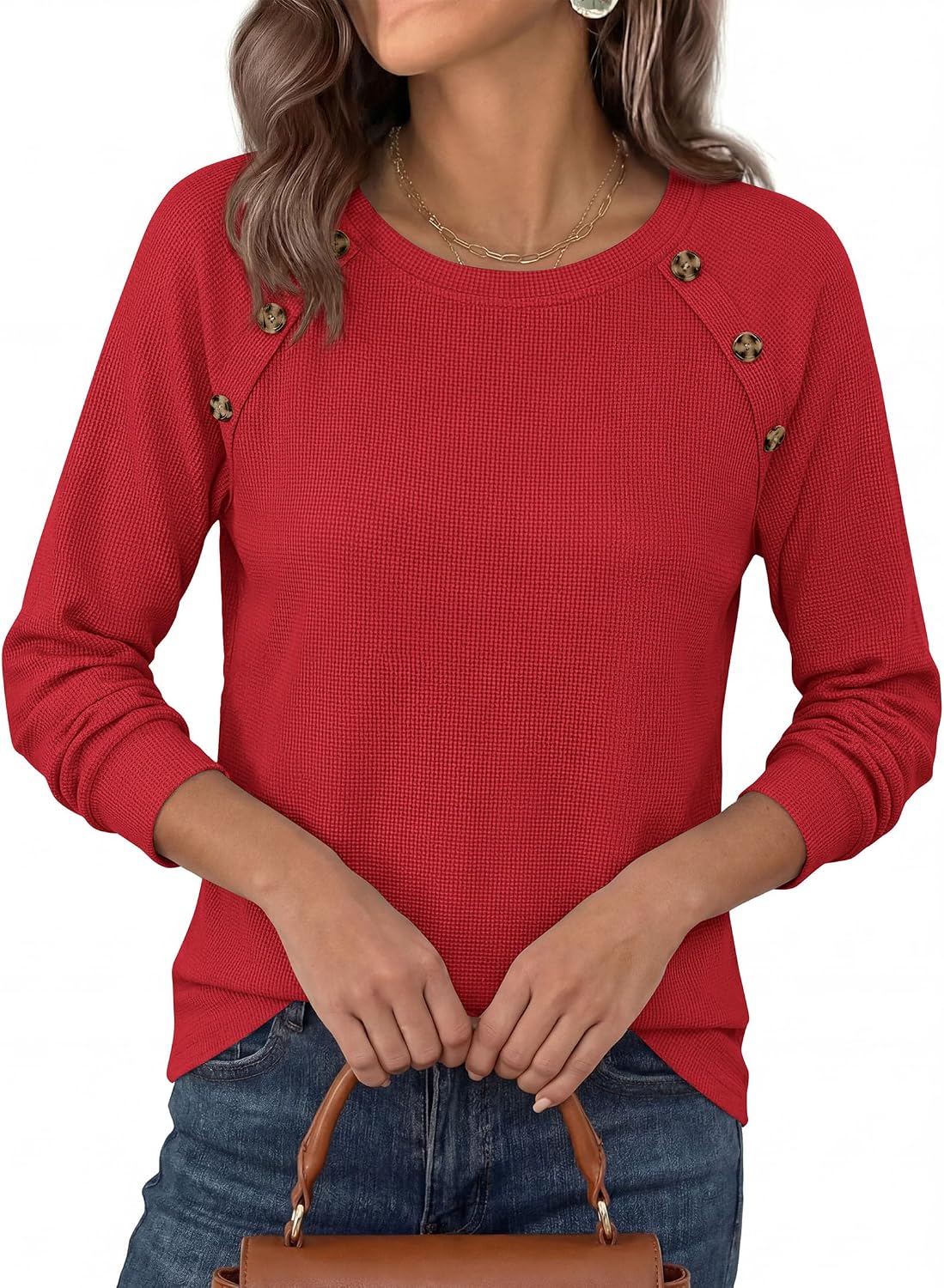 Detalle 2 de PRETTYGARDEN PR1559 Waffle-Knit Tunic Top with Raglan Sleeves
