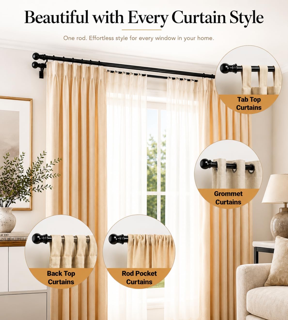 Detalle 2 de CALCHELE Black Double Curtain Rod, 1-Inch Stainless Steel, Adjustable Wall-Mounted Set