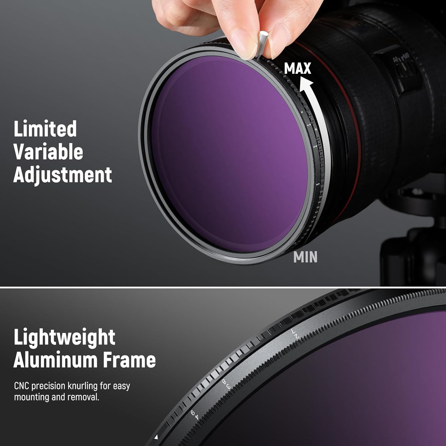 Thumbnail 6 de NEEWER HD True Colors 49 mm Variabler ND-Filter ND2–512 (ND2–ND32) + magnetischer ND32 (VND, stapelbar)